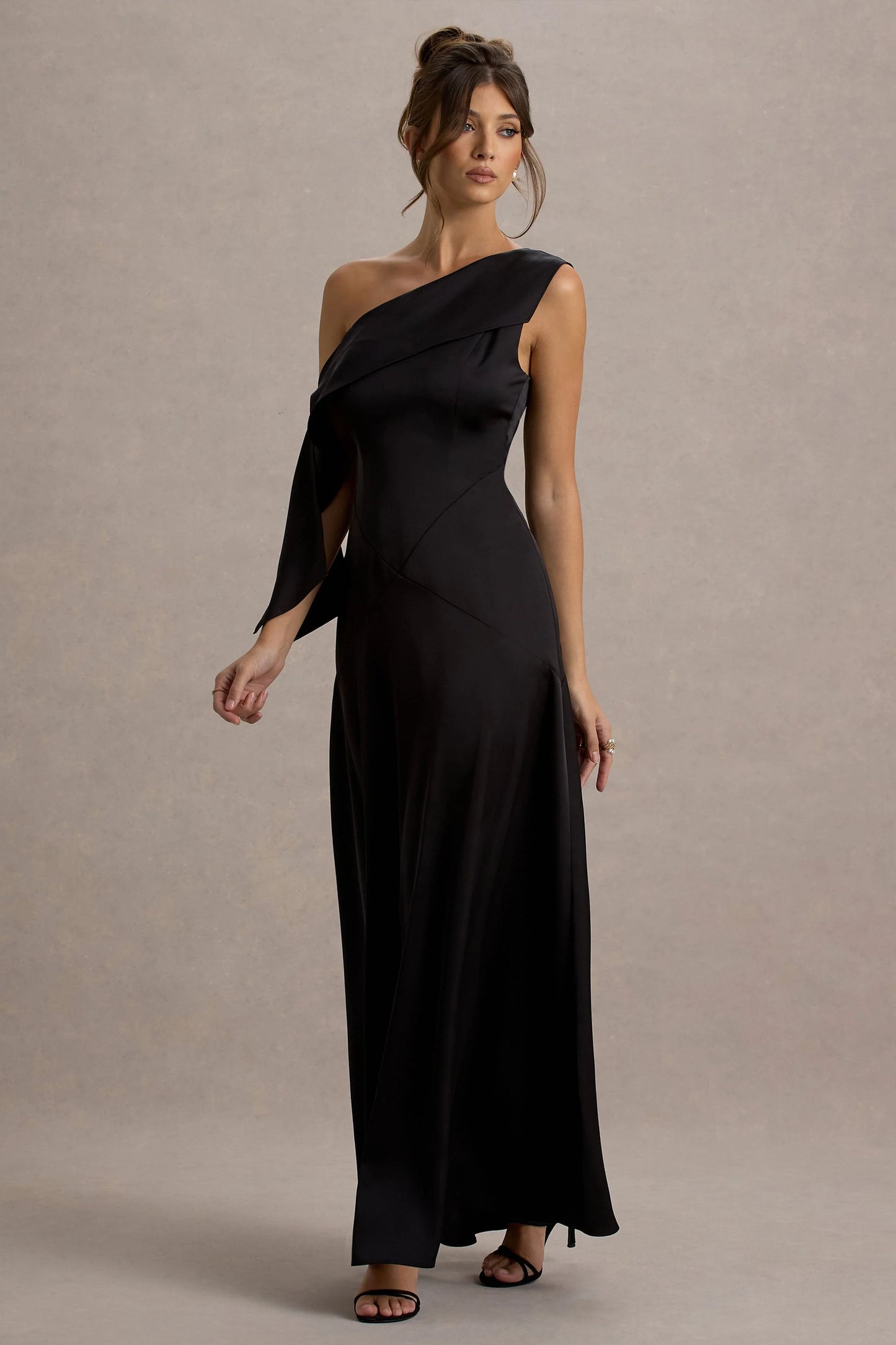 Nicola Black Satin Asymmetric Bardot Draped Maxi Dress