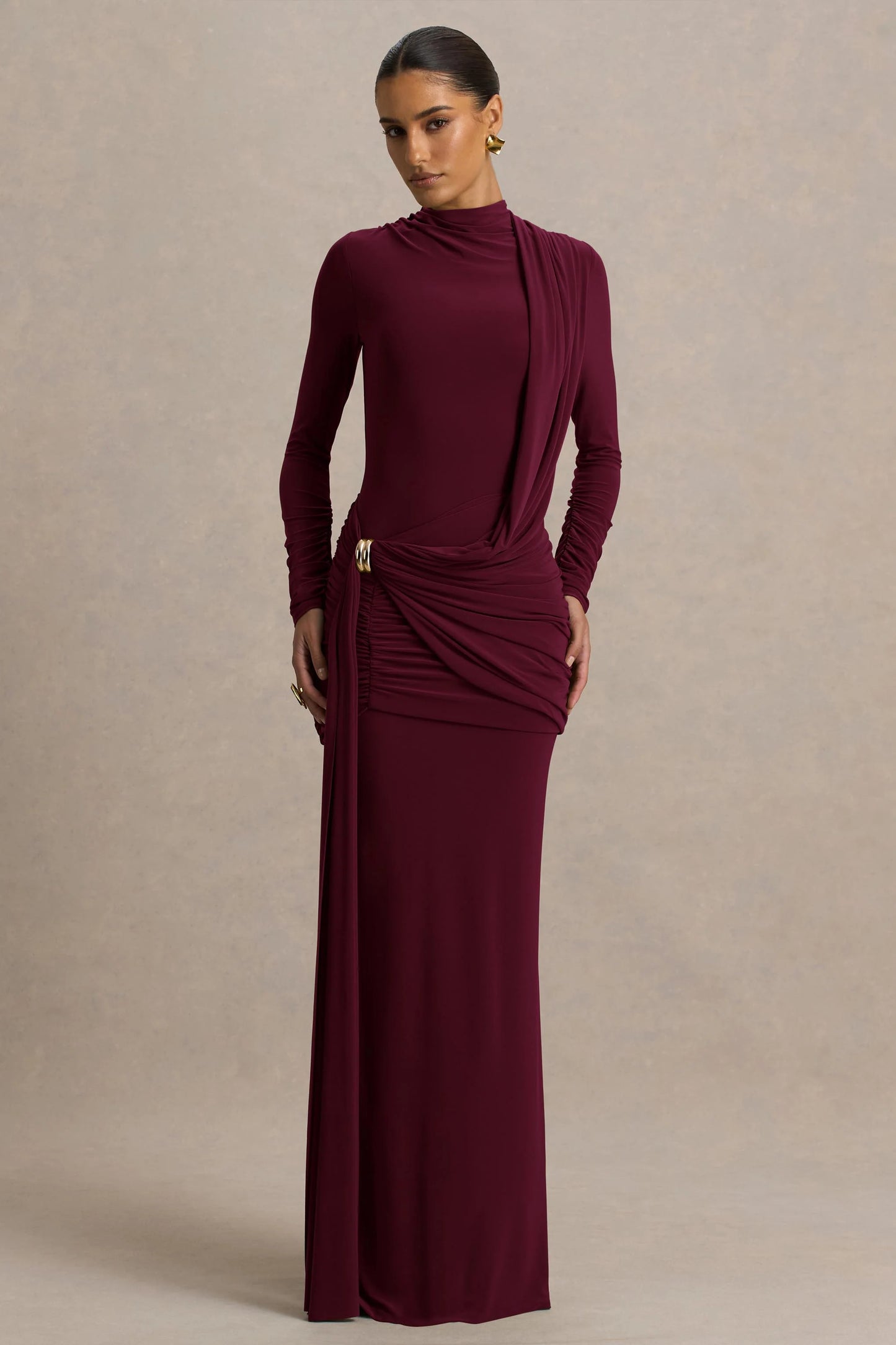 Melissa Burgundy Long-Sleeve Wrap Maxi Dress With Draped Detailing