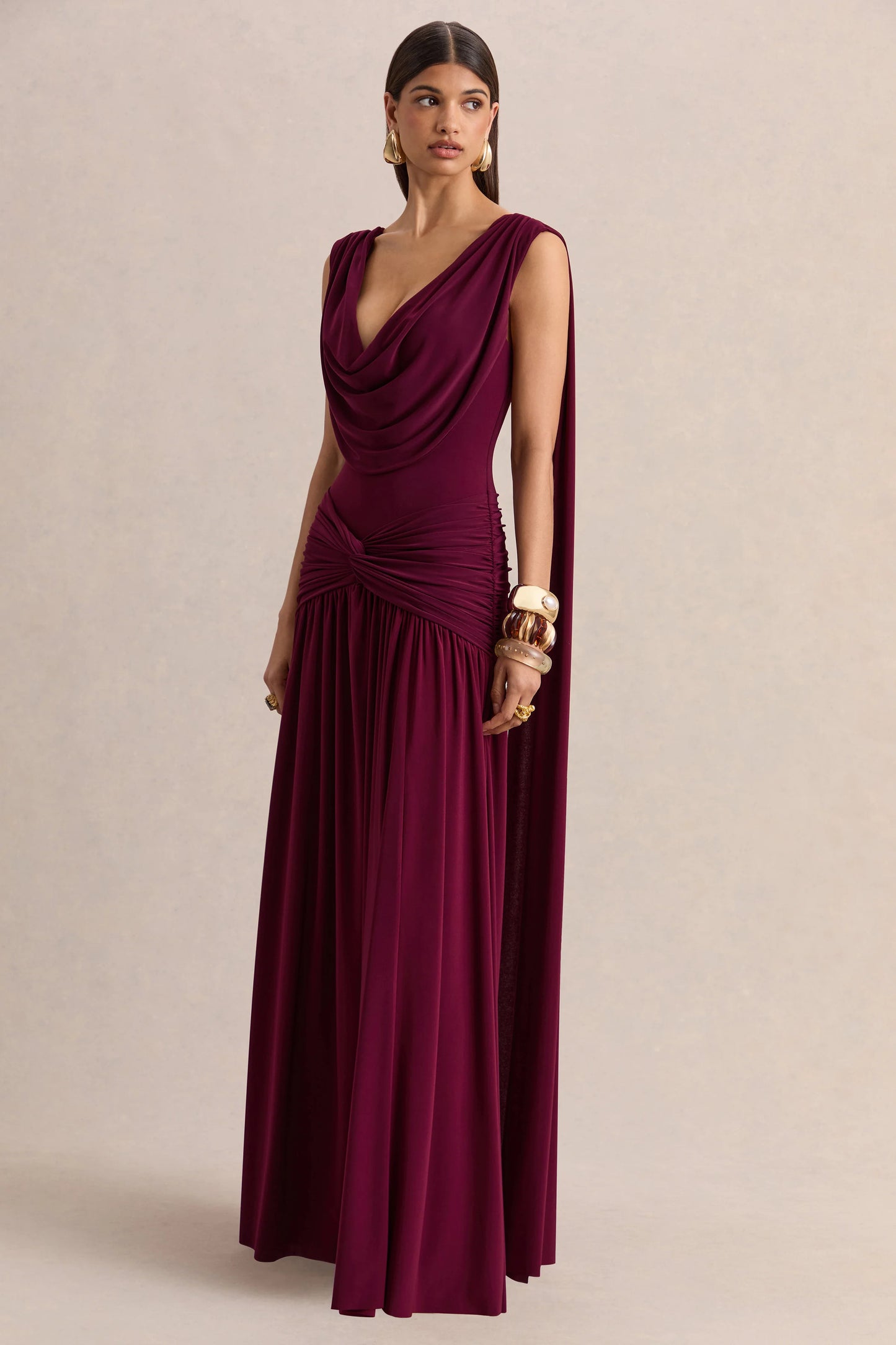 Amelisse Burgundy Plunge-Neck Maxi Dress With Ruched-Detailing