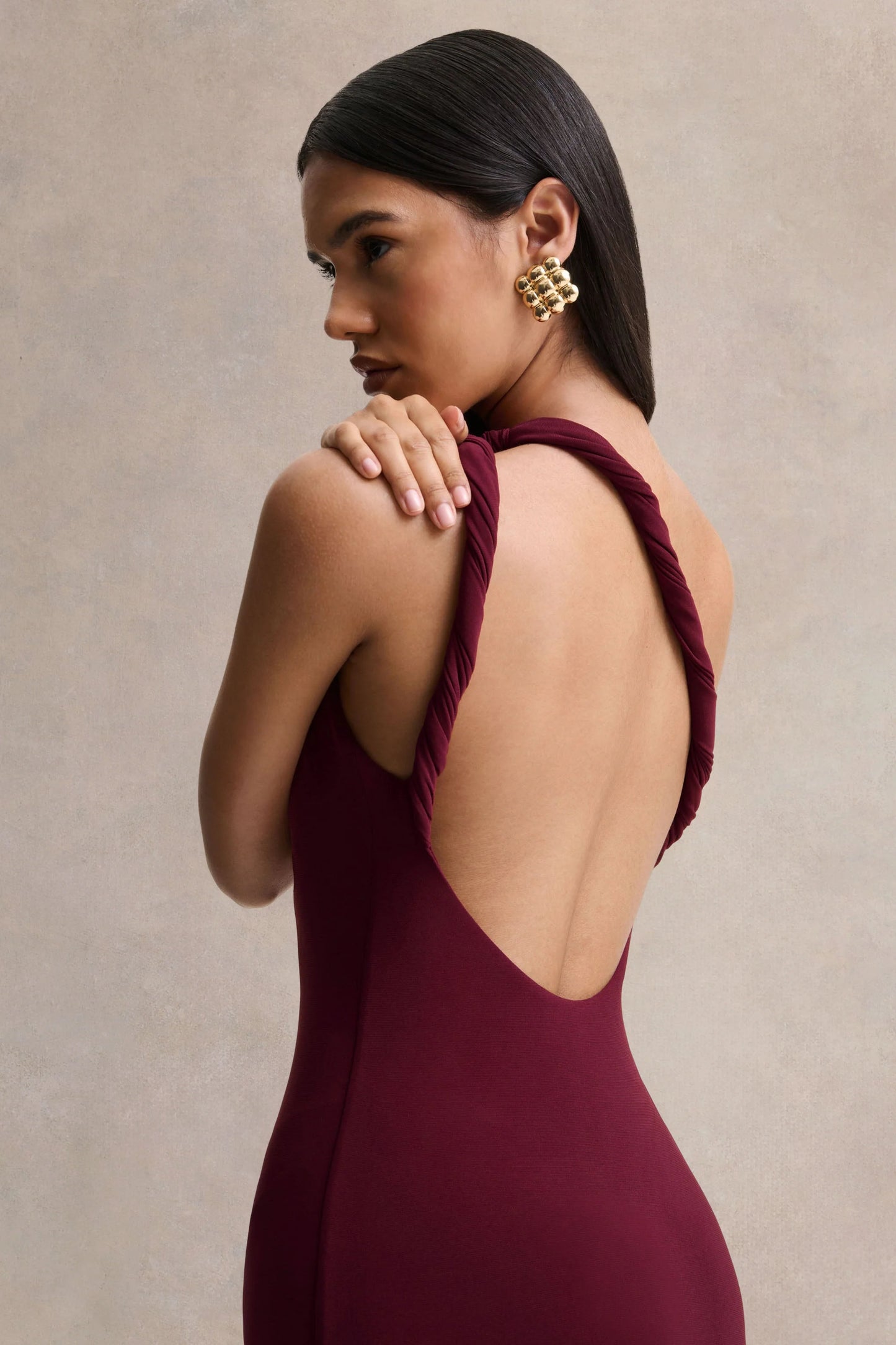 Ottilie Burgundy Asymmetric-Neck Maxi Dress