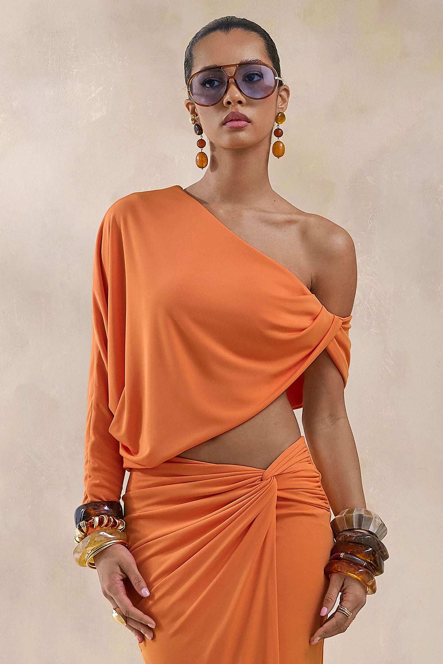 Dua Orange Asymmetric One-Sleeve Draped Top