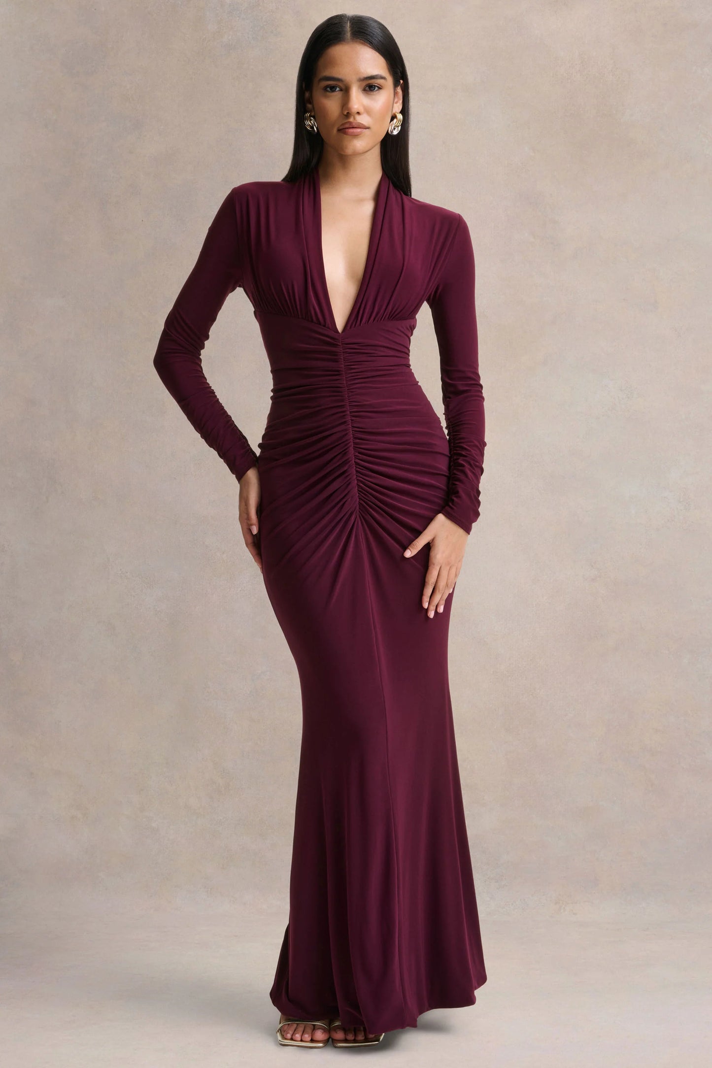 Tami Plum Plunge-Neck Long Sleeve Maxi Dress