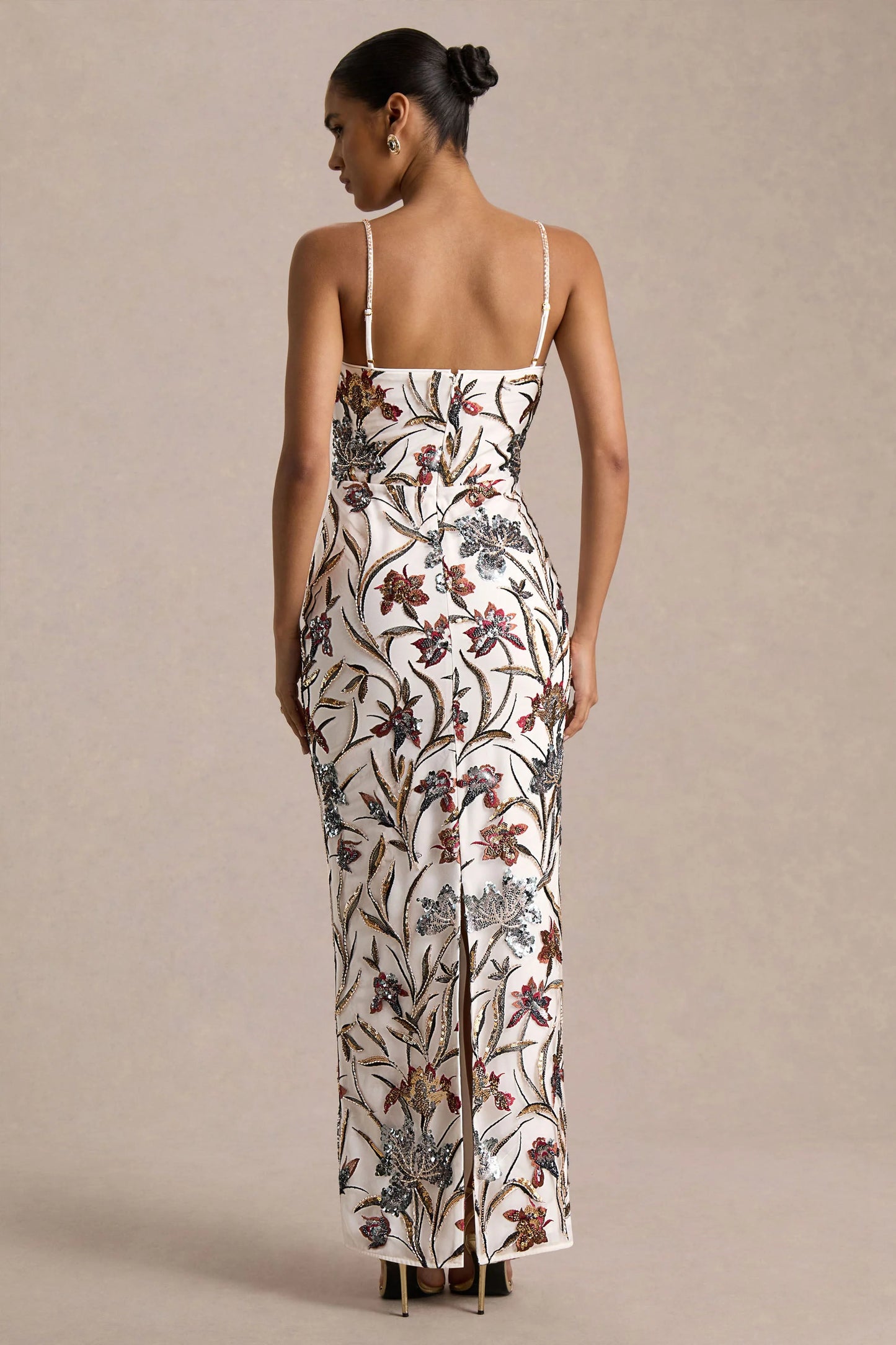 Kyle Cream Sequin Floral Embellished Square-Neck Maxi Dress