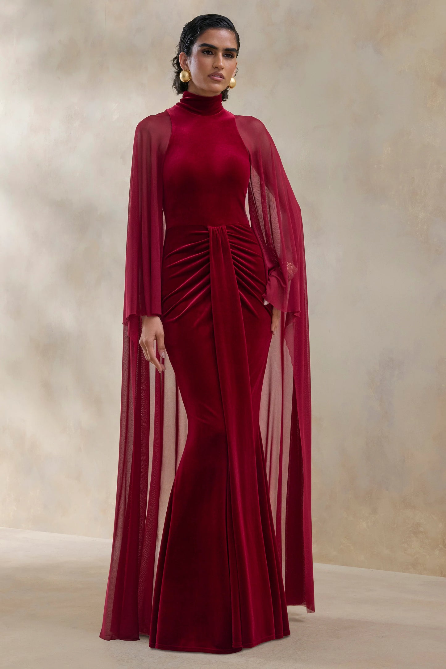 Adoring Burgundy Velvet High-Neck Maxi Dress With Cape