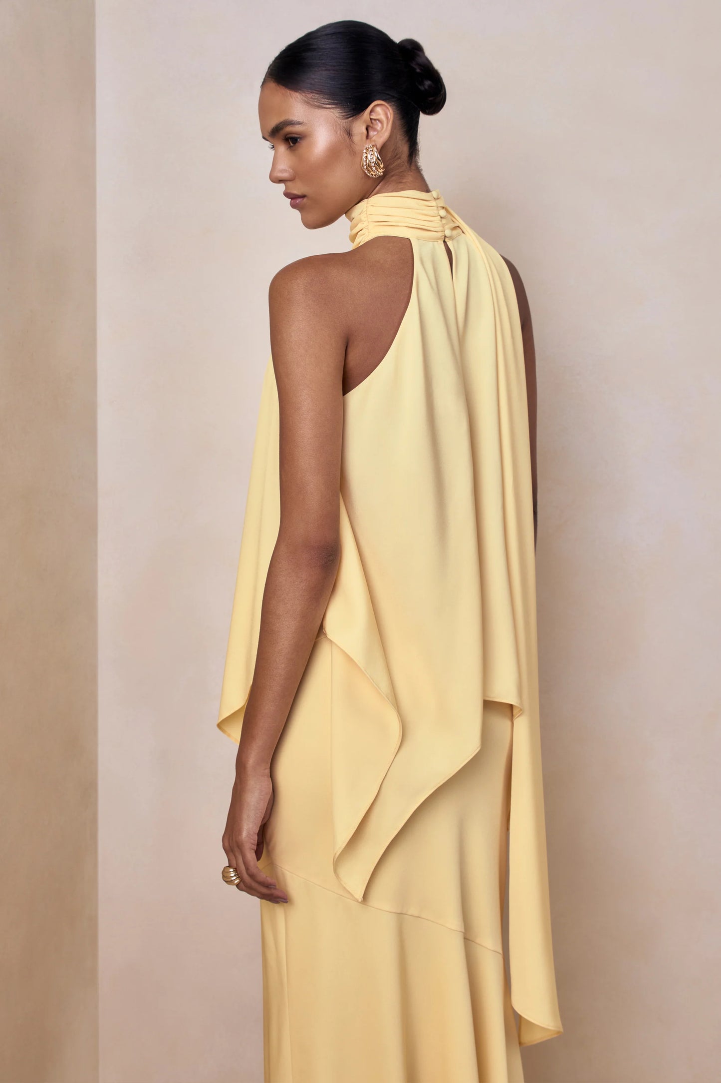 Vayla Lemon Matte Satin Asymmetric Drop-Waist Maxi Skirt