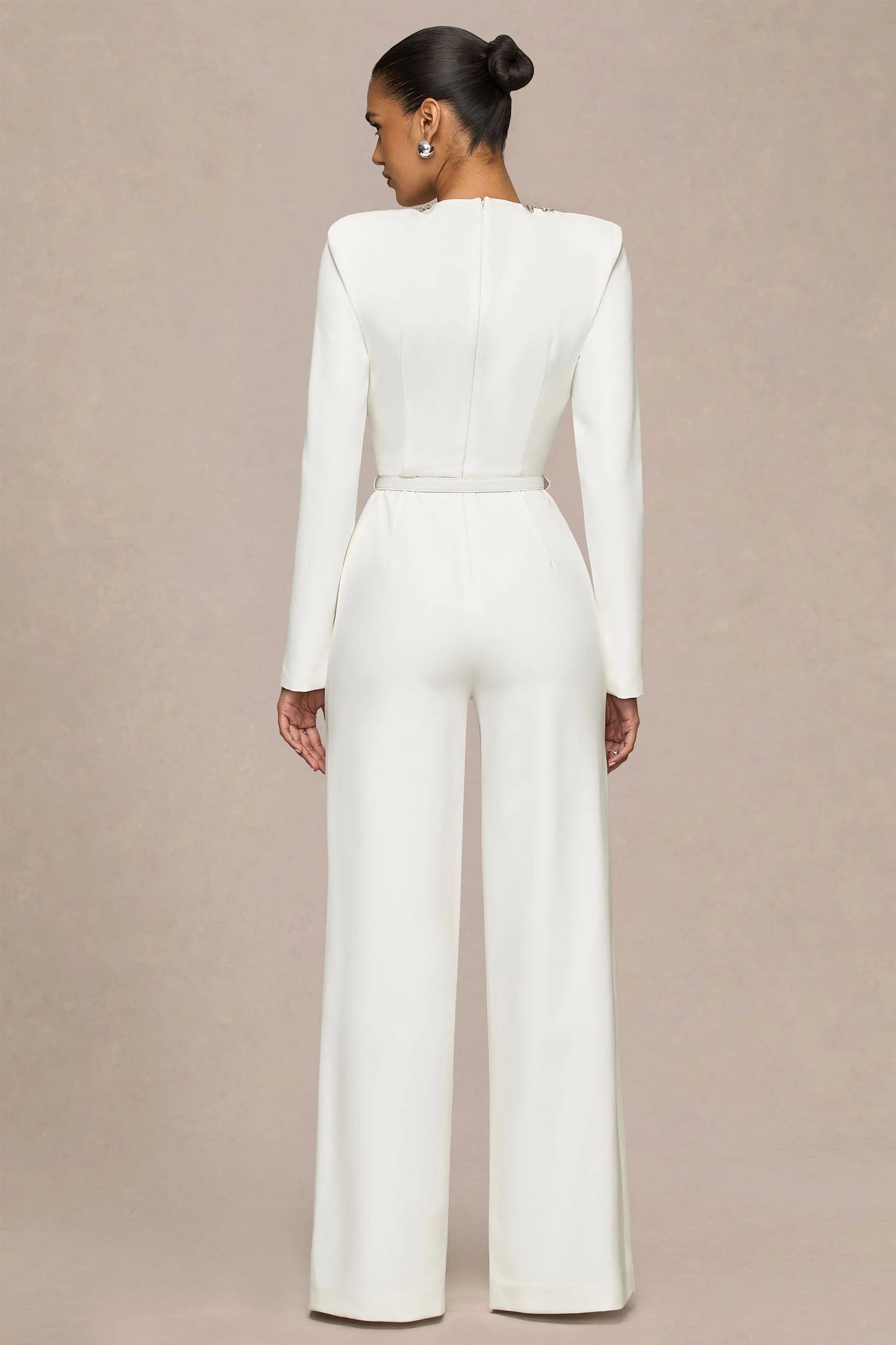 Prize Cream Crew-Neck Jumpsuit With Embellishment Detail