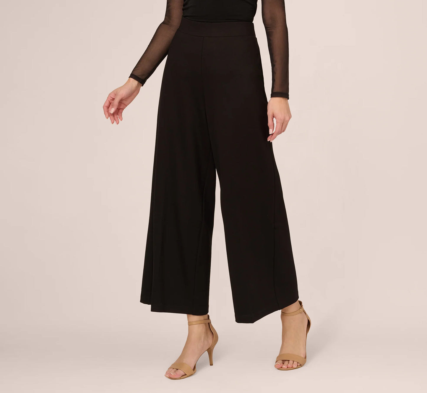 Ponte Knit Wide Leg Pants With Elastic Waist In Black