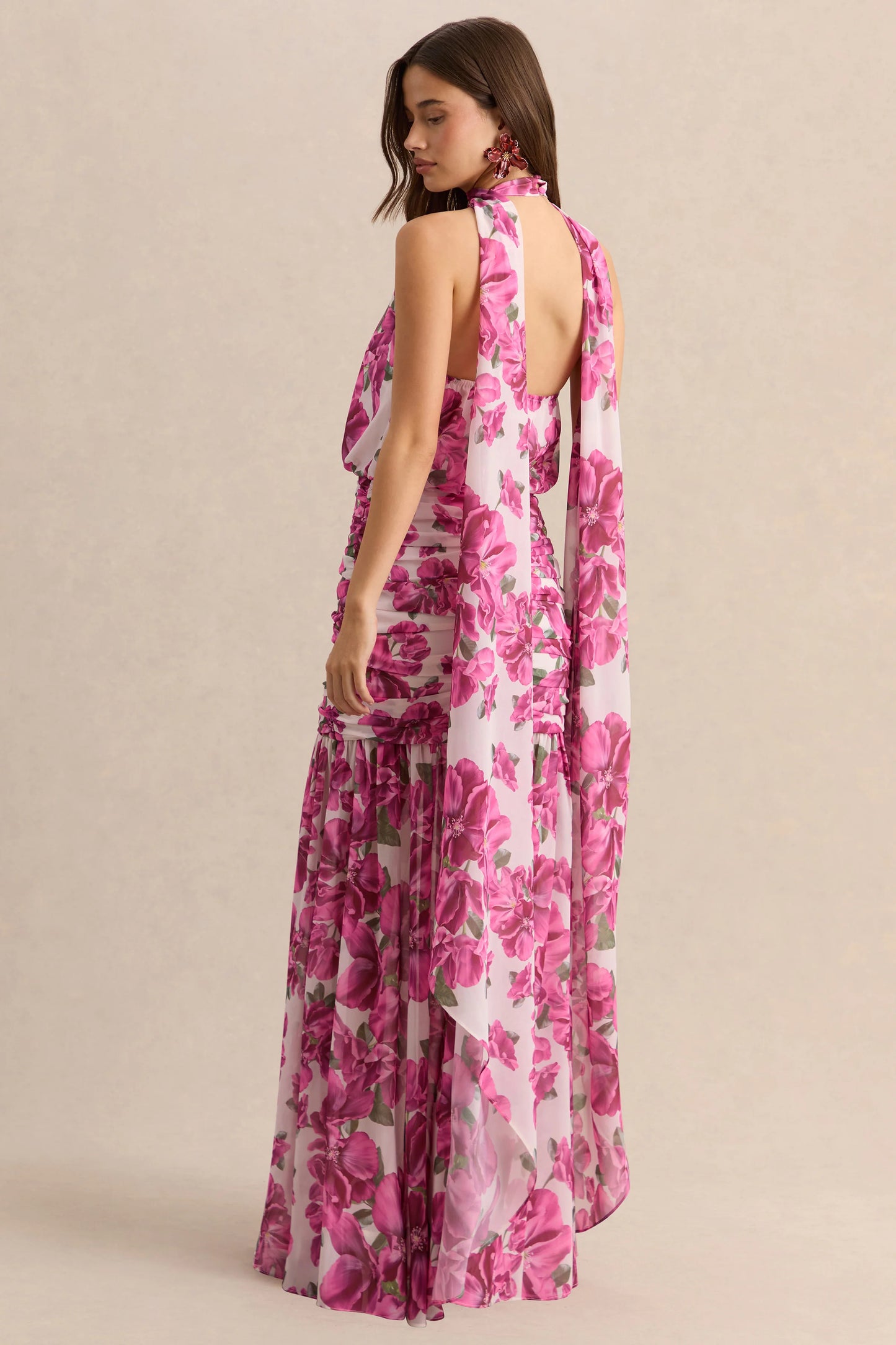 Veronique Pink Hibiscus Floral Halter-Neck Maxi Dress