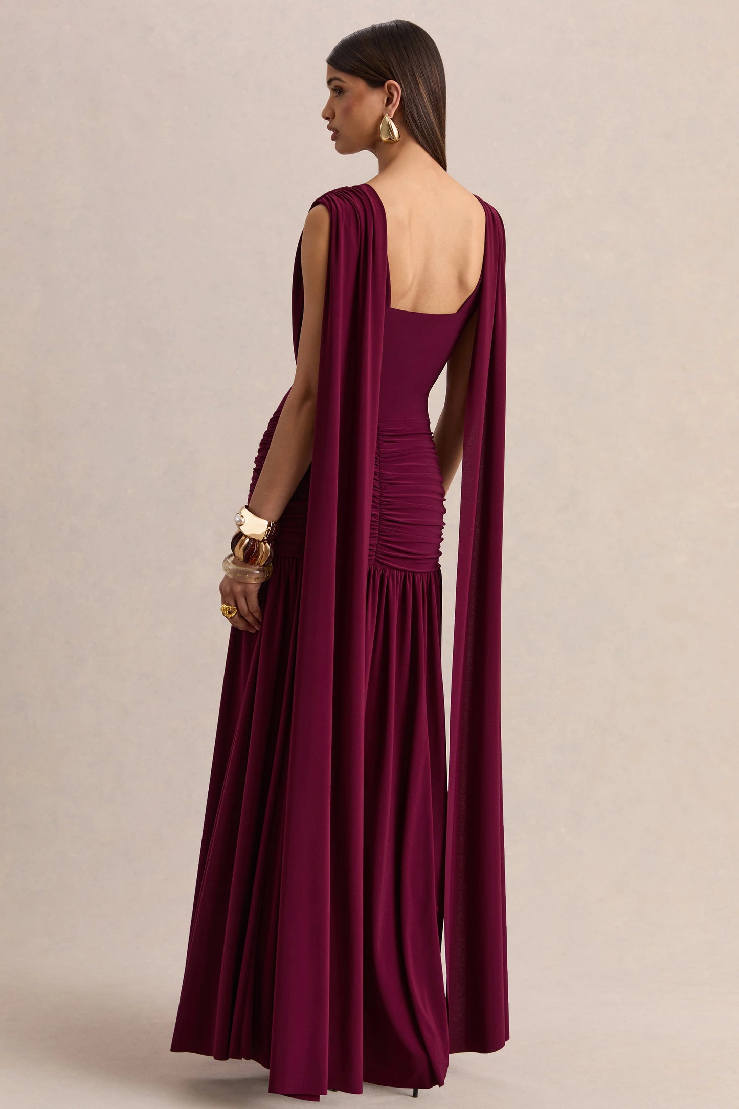 Amelisse Burgundy Plunge-Neck Maxi Dress With Ruched-Detailing