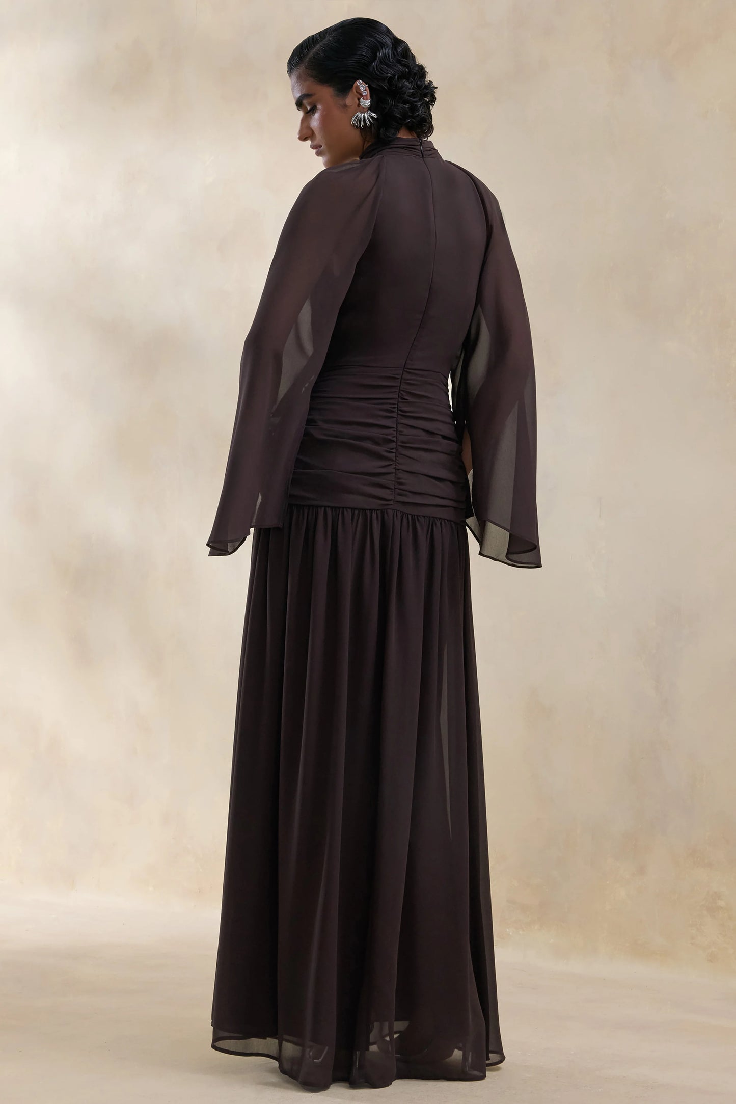 Narella Brown Chiffon High-Neck Maxi Dress With Draped-Detailing