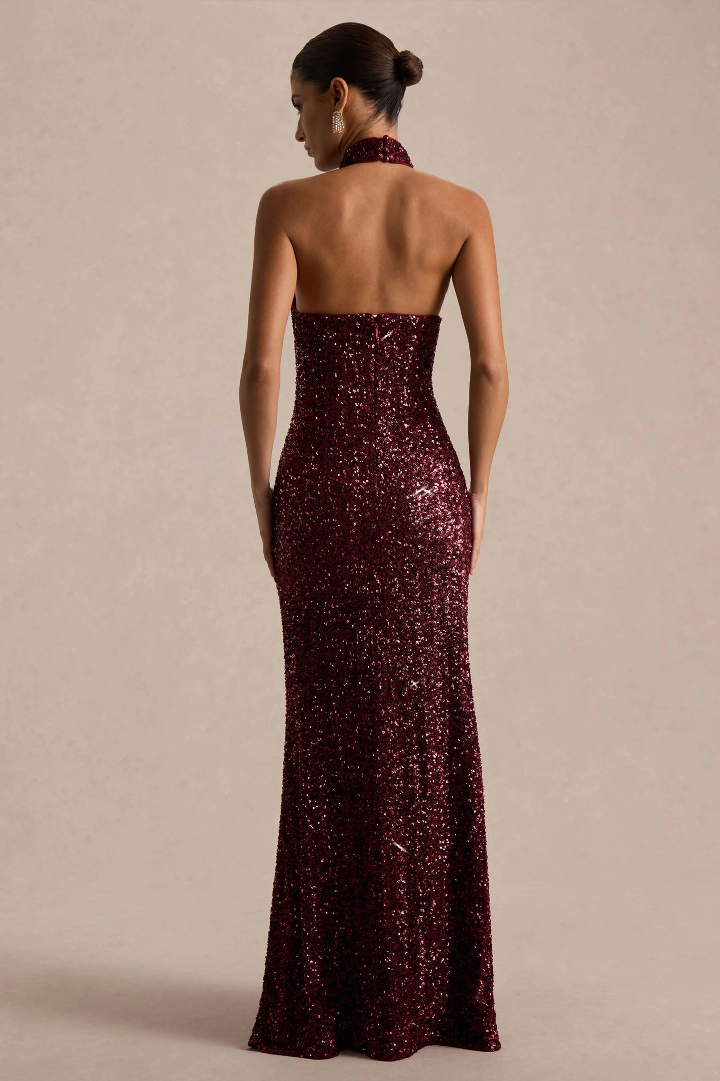 Tulia Burgundy Sequin High-Neck Maxi Dress