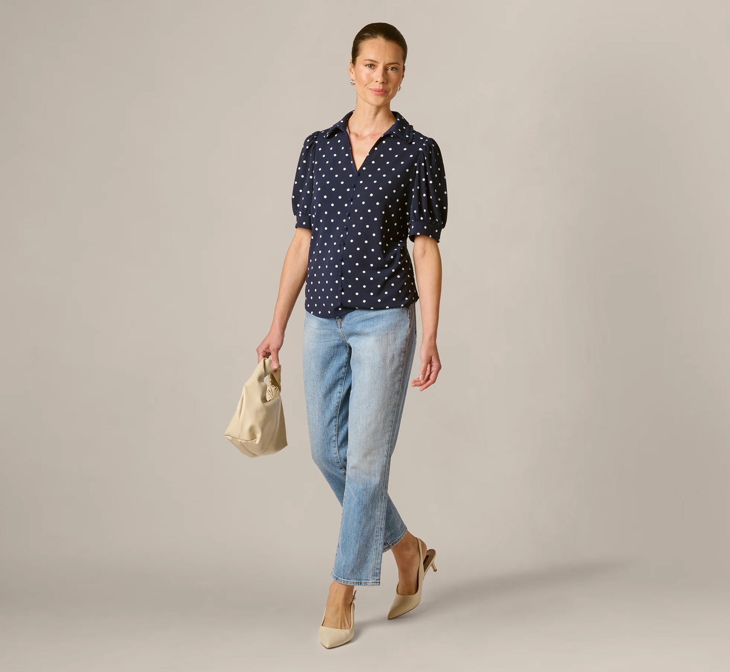 Puff Sleeve Ruffle Collared Top In Navy Ivory Timeless Dot