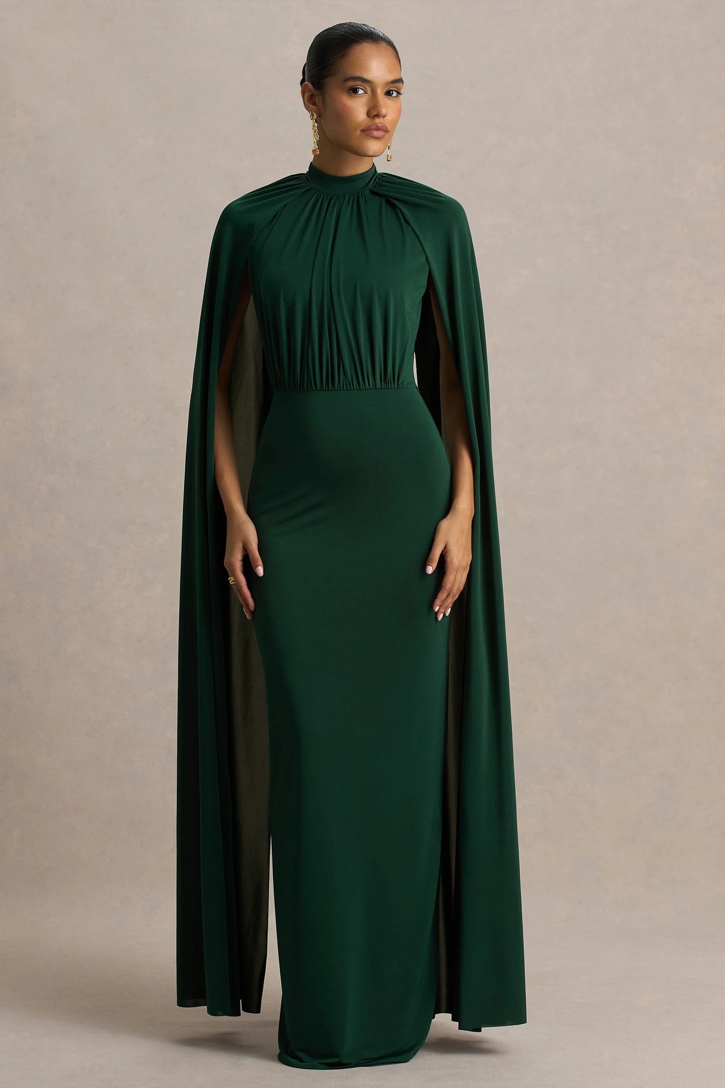 Darielle Bottle Green High-Neck Cape-Sleeve Maxi Dress