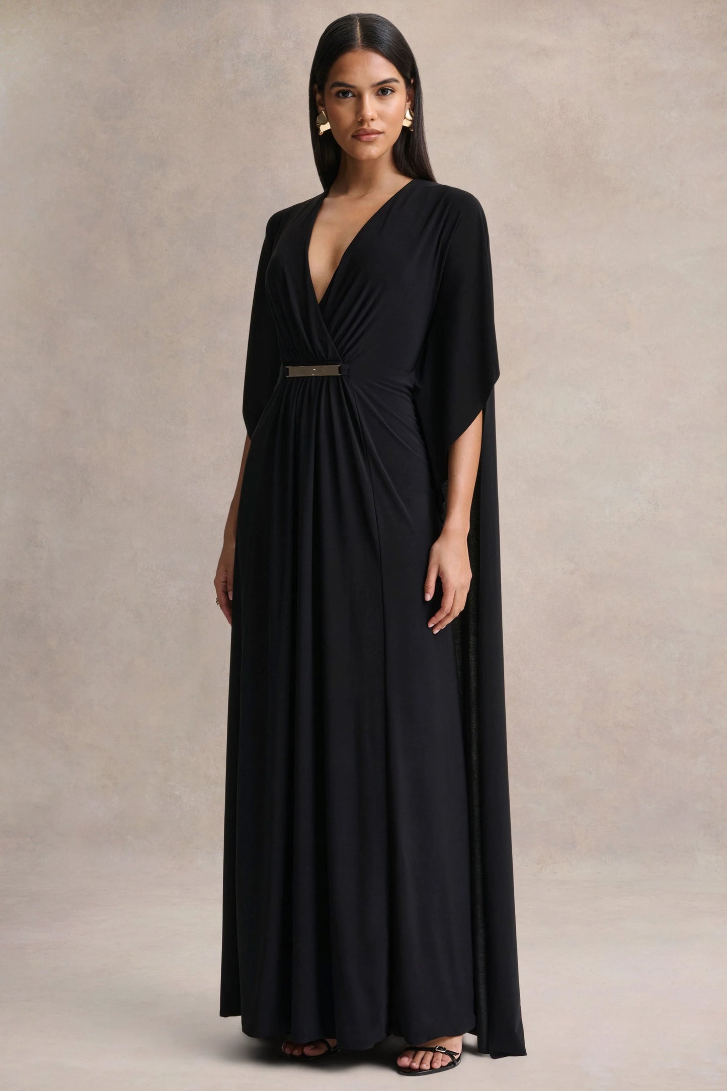 Romilly Black Plunge-Neck Maxi Dress With Gathered Detail