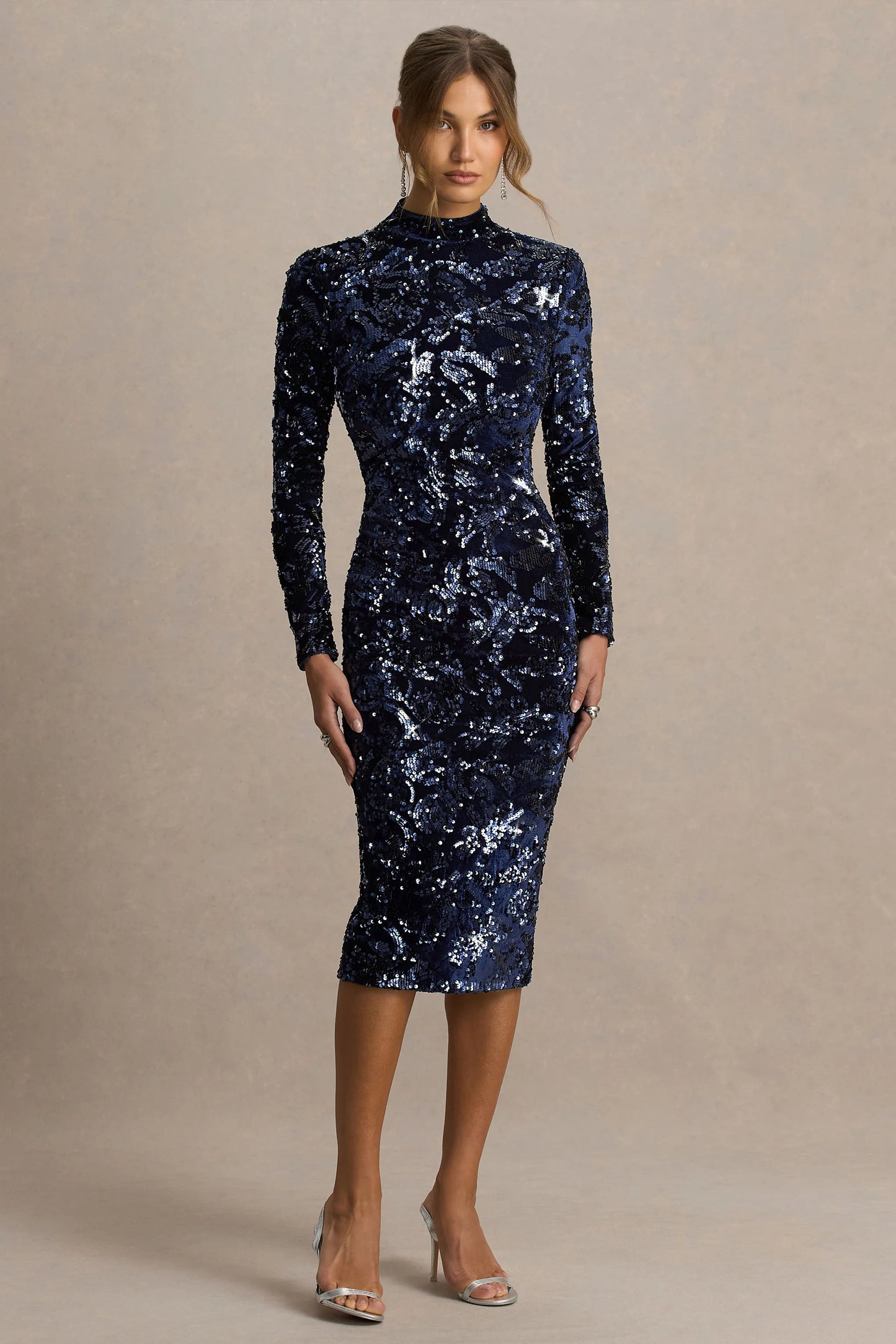 Alanita Navy Velvet And Sequin Embellished High-Neck Midi Dress With Long Sleeves