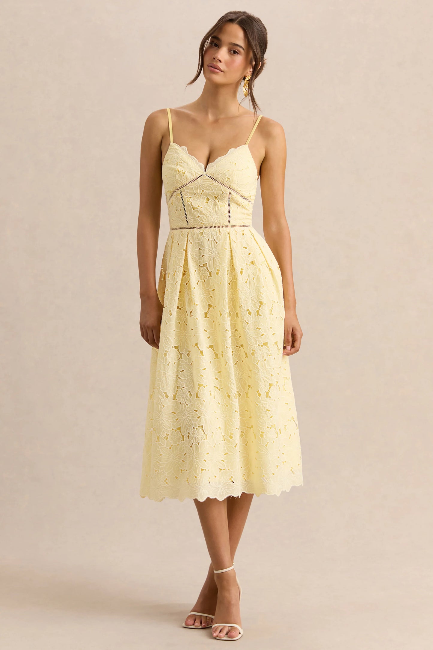 Nicoline Lemon Lace Sweetheart Midi Dress With Cami Straps