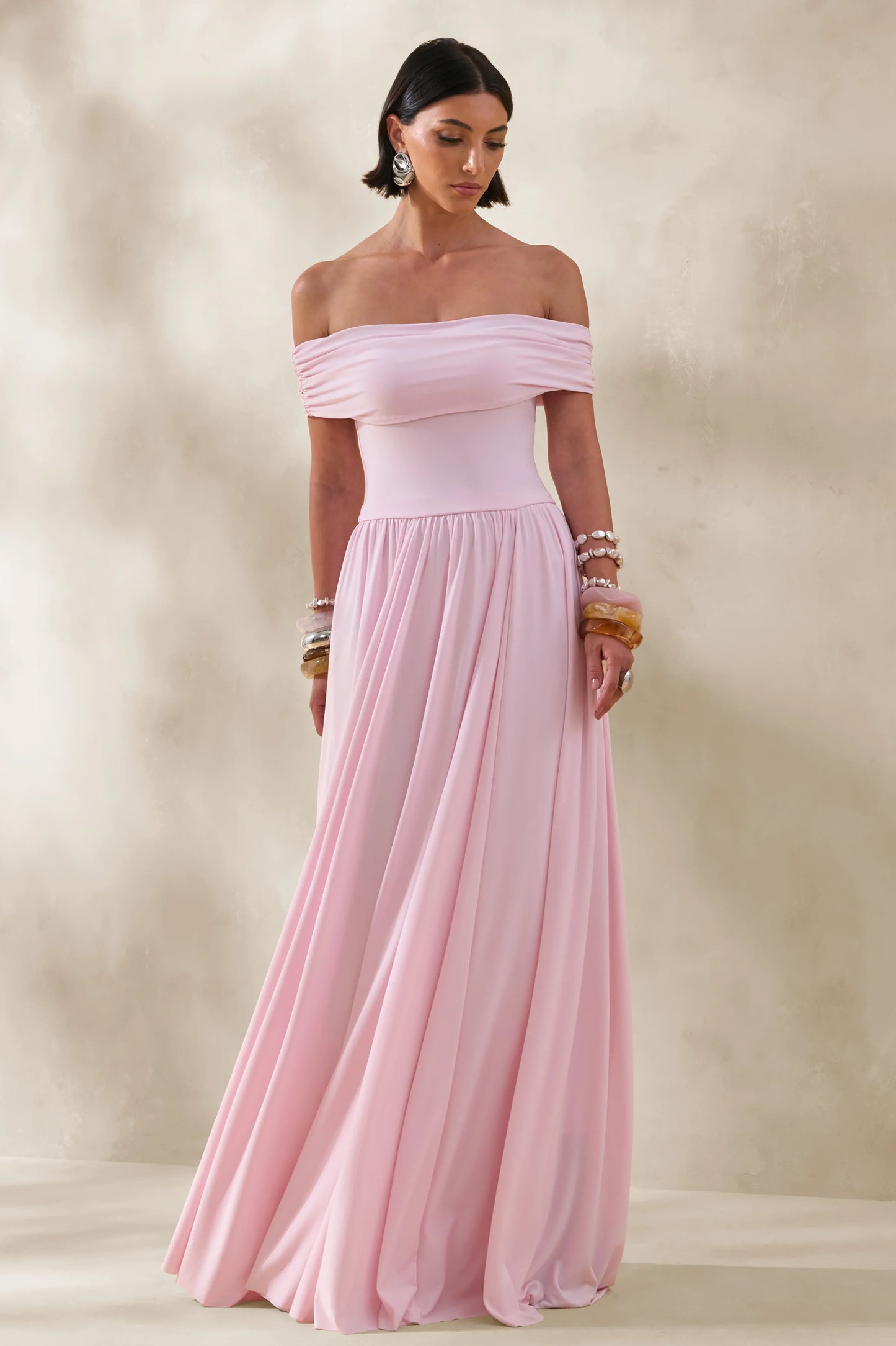 Cindie Pink Bardot-Neck Maxi Dress