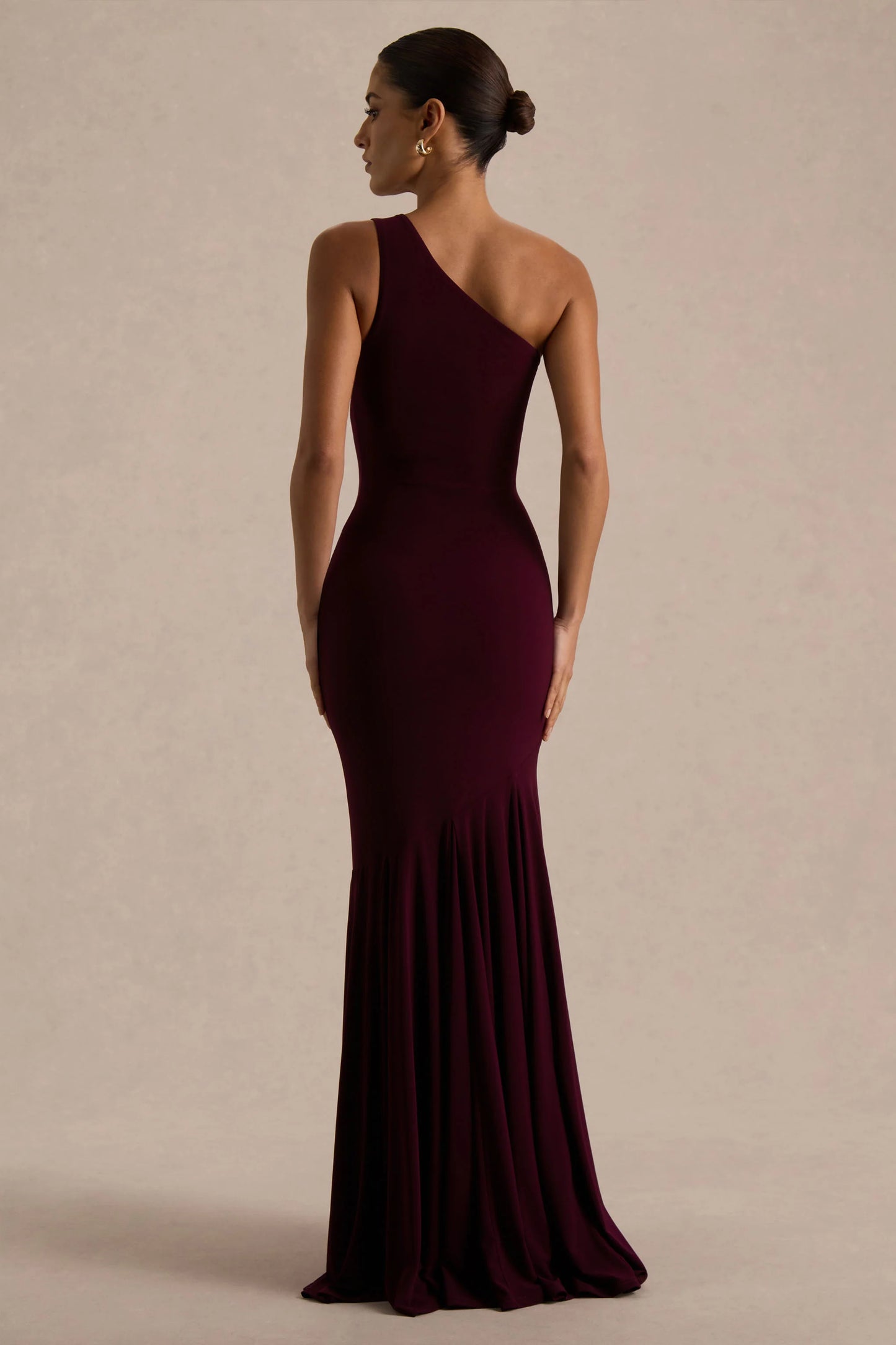 Zya Dark Plum Asymmetric-Neck Fishtail Maxi Dress