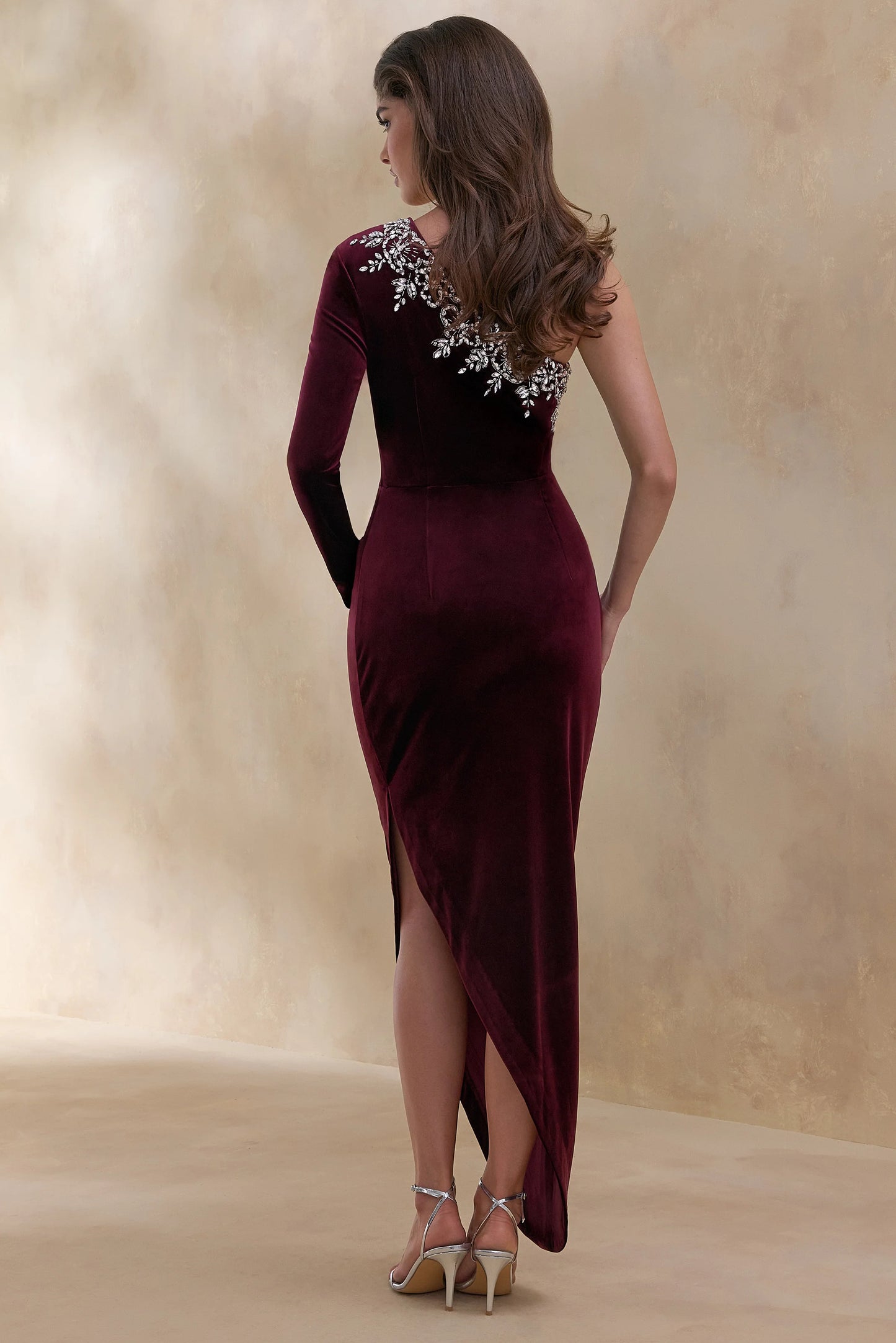 Nyssa Burgundy Embellished Asymmetric-Neck Maxi Dress
