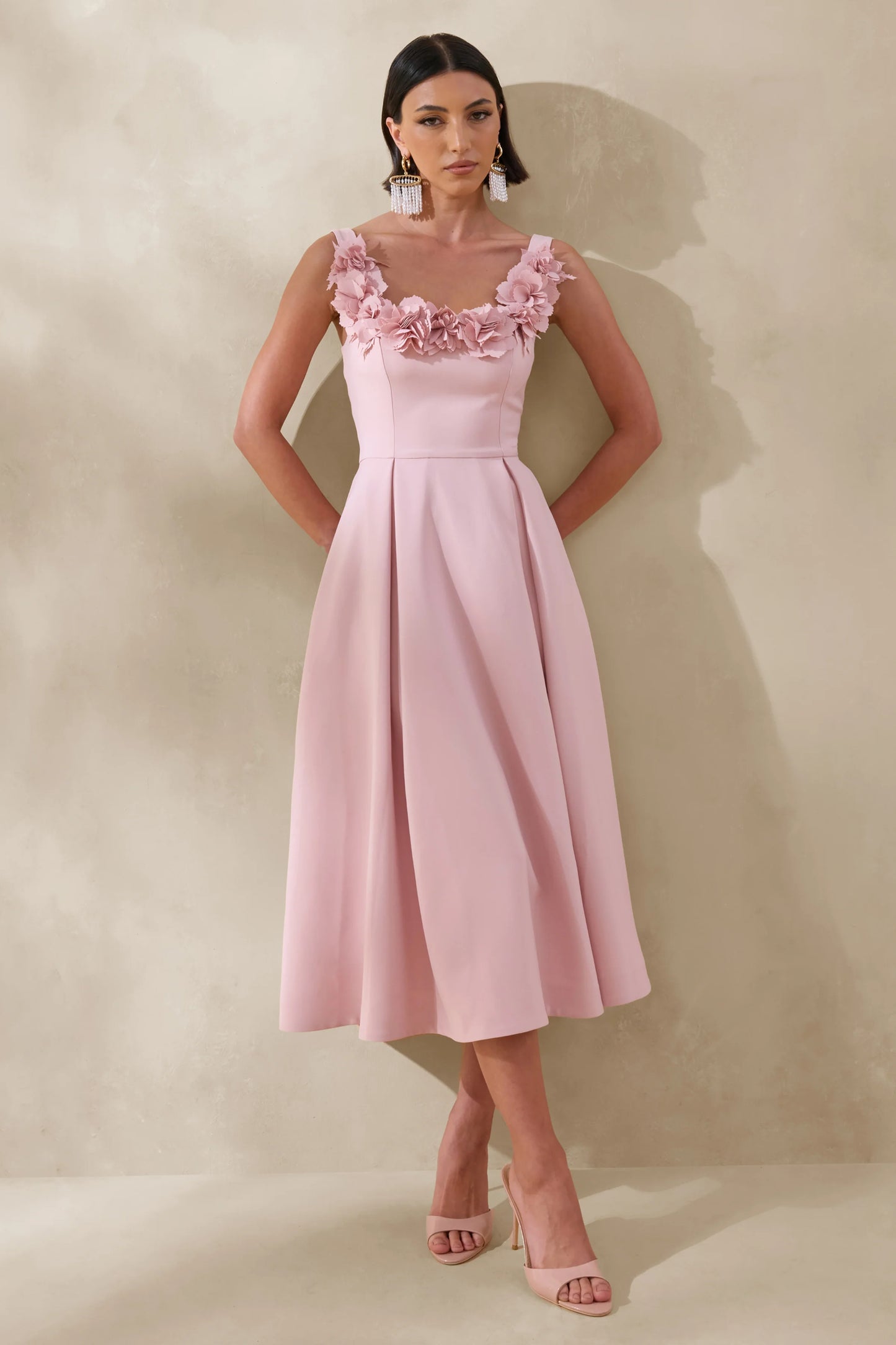 Maelle Pink Scoop-Neck Midi Dress With Corsage Detailing