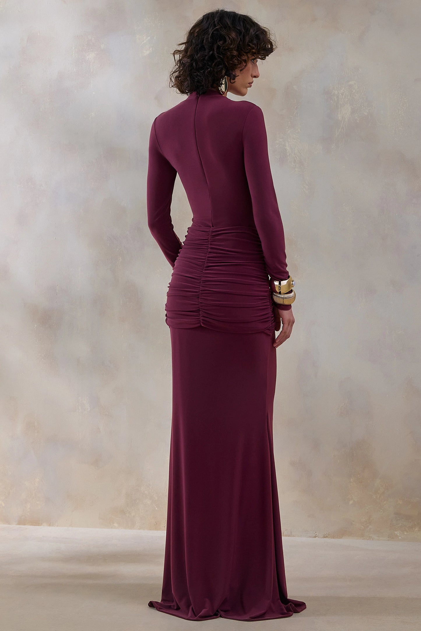 Solarium Burgundy Long-Sleeve Maxi Dress With Gold Detail