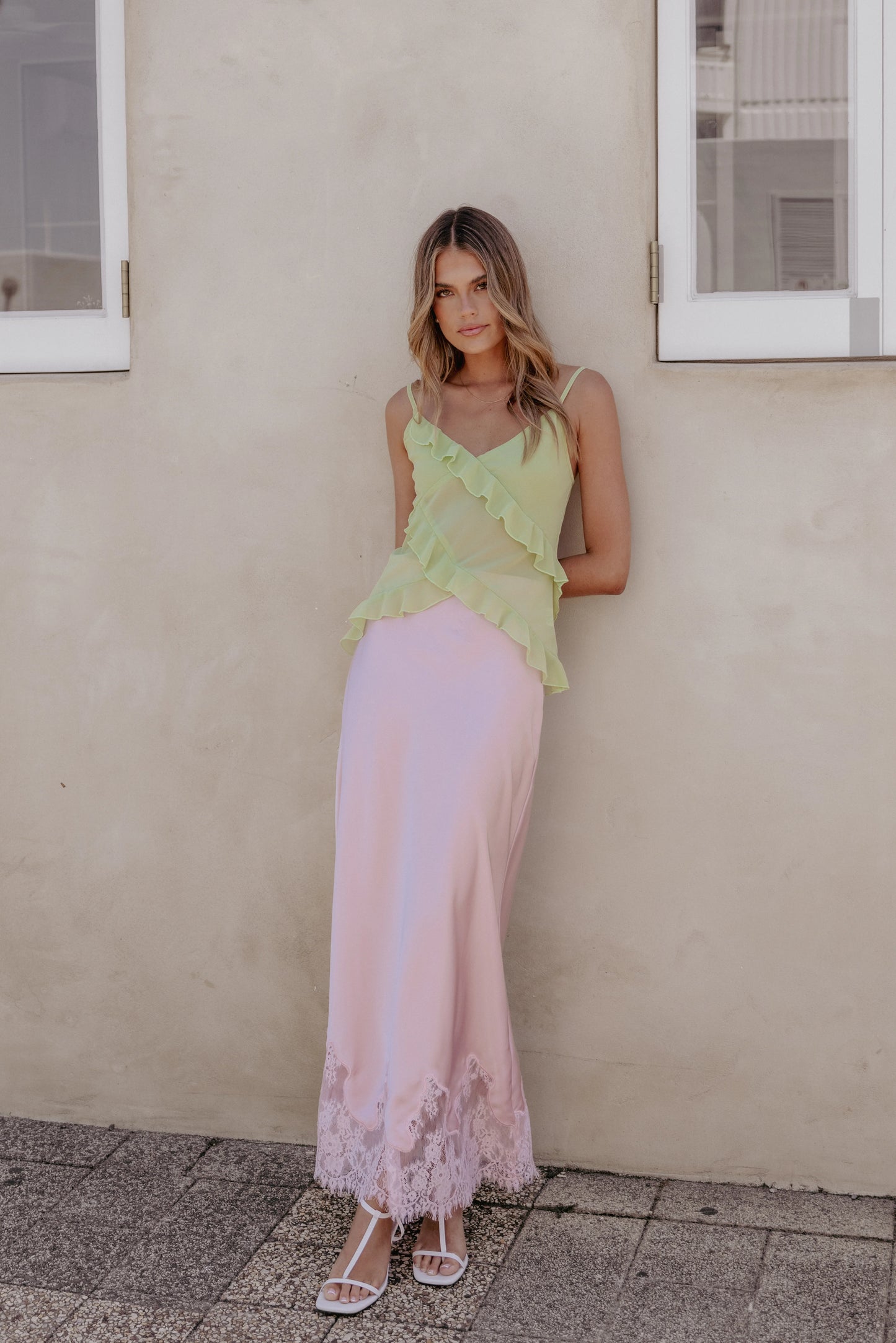 Alira Lace Trim Midi Skirt - Pale Pink