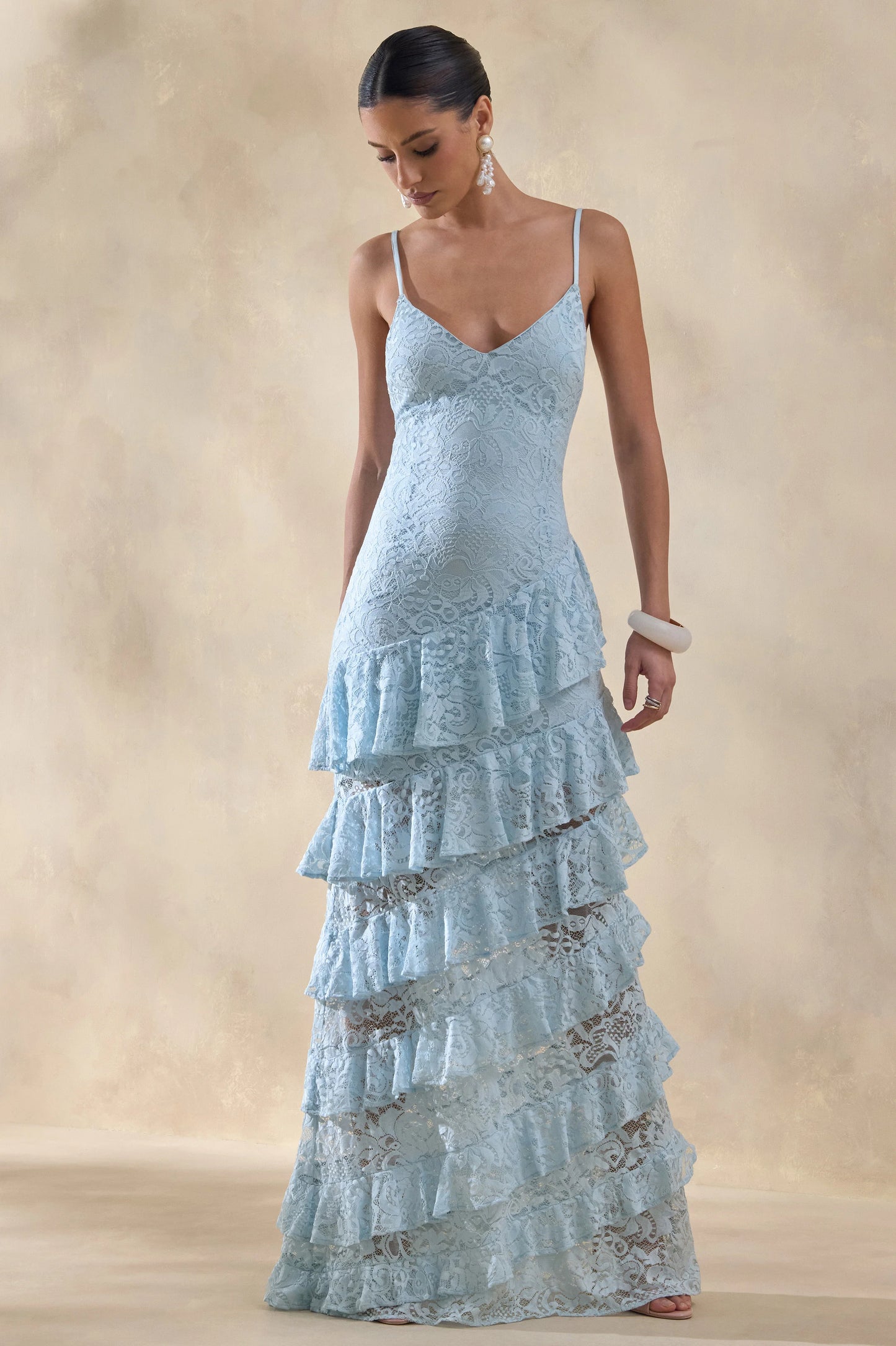 Avelisse Blue Lace Plunge-Neck Maxi Dress With Ruffled Detailing