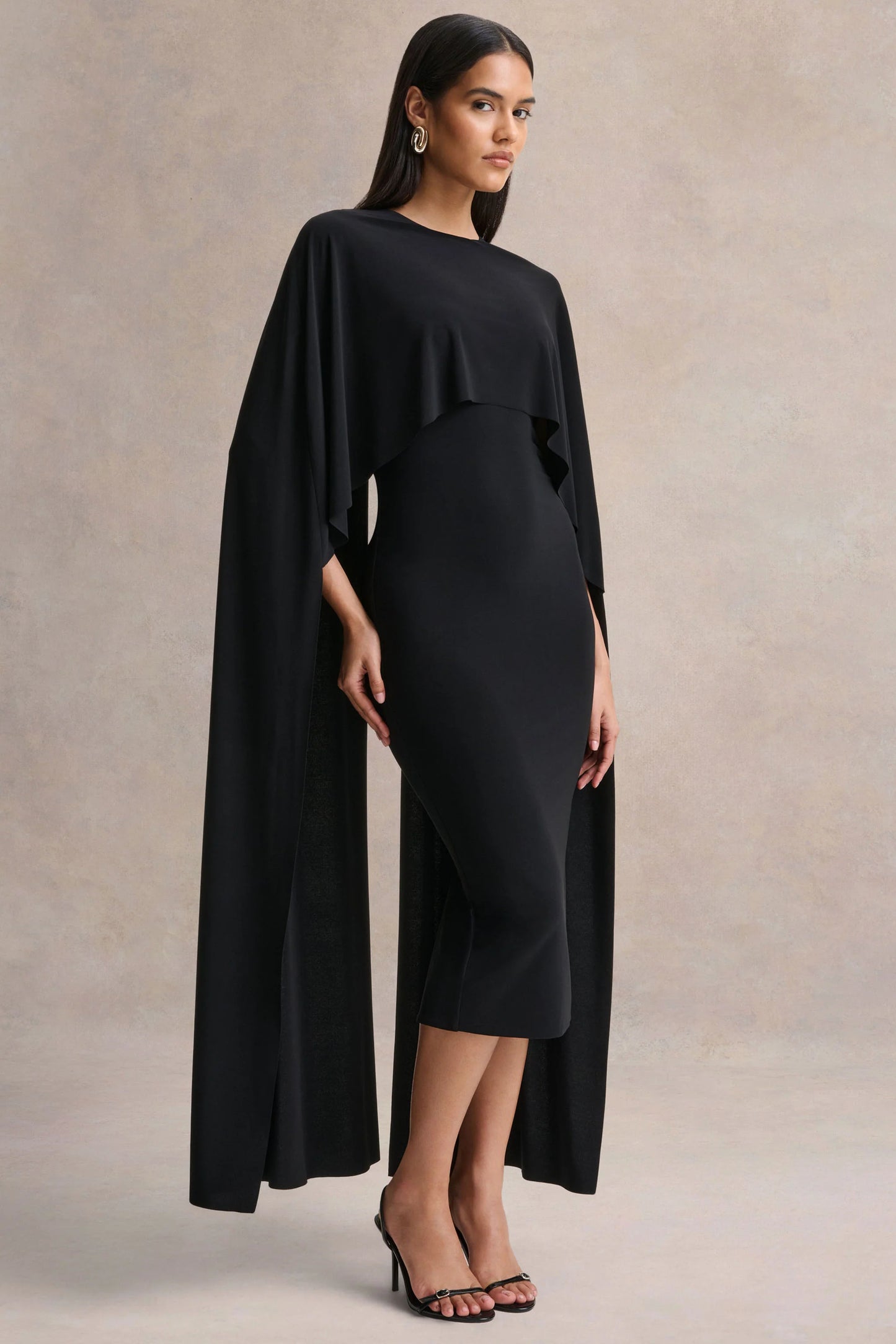 Kalani Black Crew-Neck Midi Dress With Cape-Sleeves