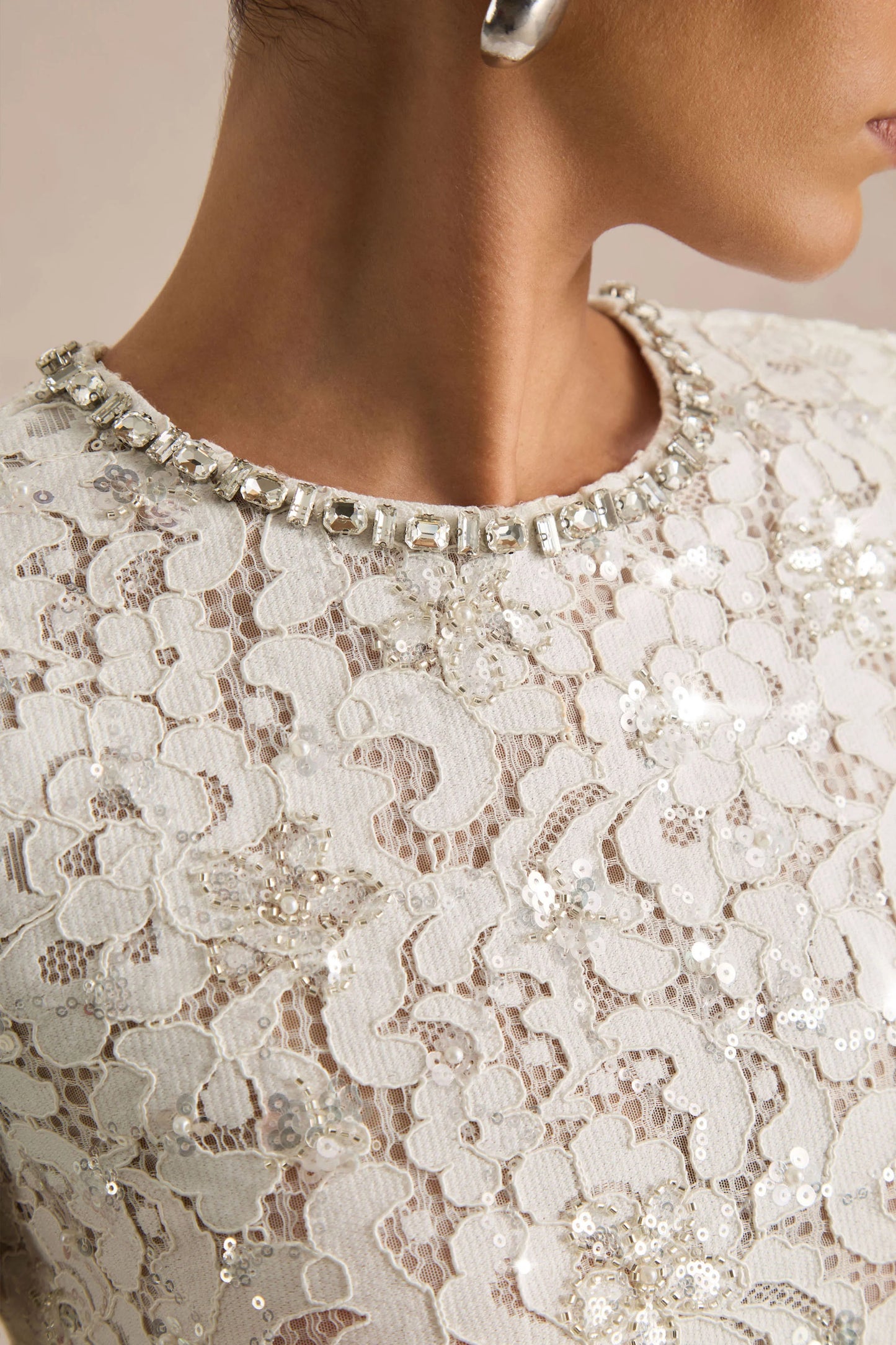 Beau Ecru Lace Embellished Crew-Neck Maxi Dress With Draped Detail