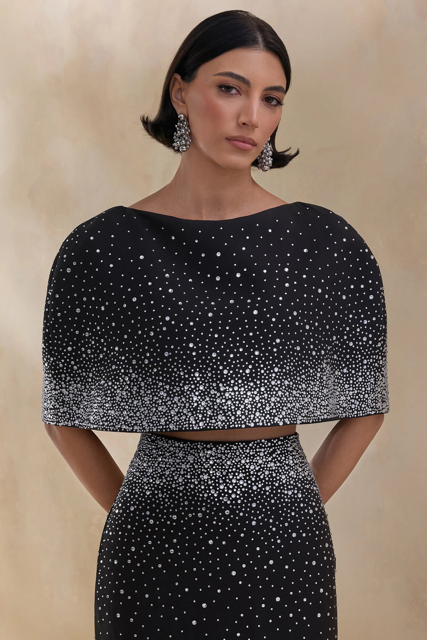Luxy Black Embellished Boat-Neck Crop-Top With Cape-Sleeves