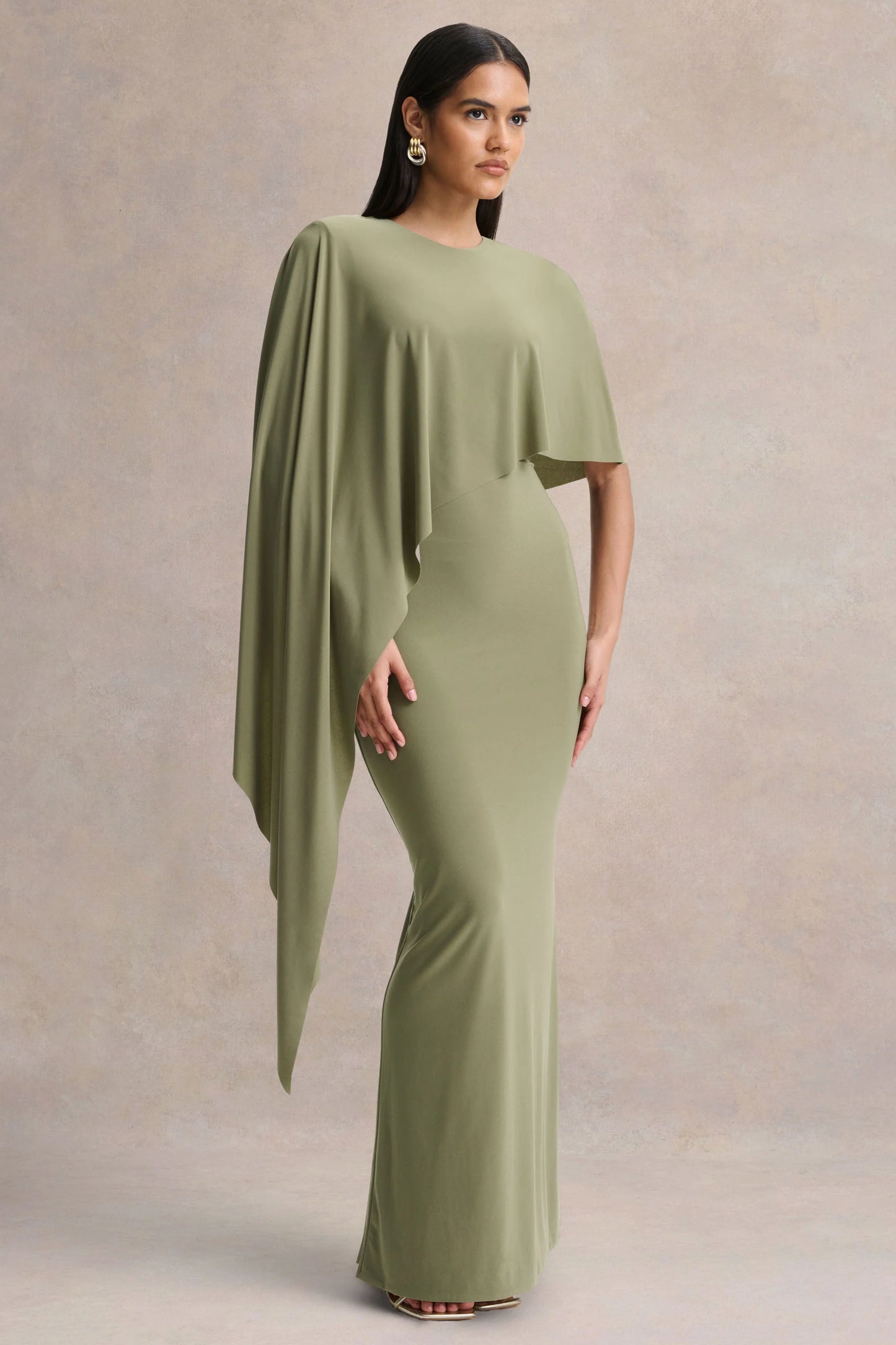 Ravena Olive Crew-Neck Maxi Dress With Asymmetric-Cape Sleeve