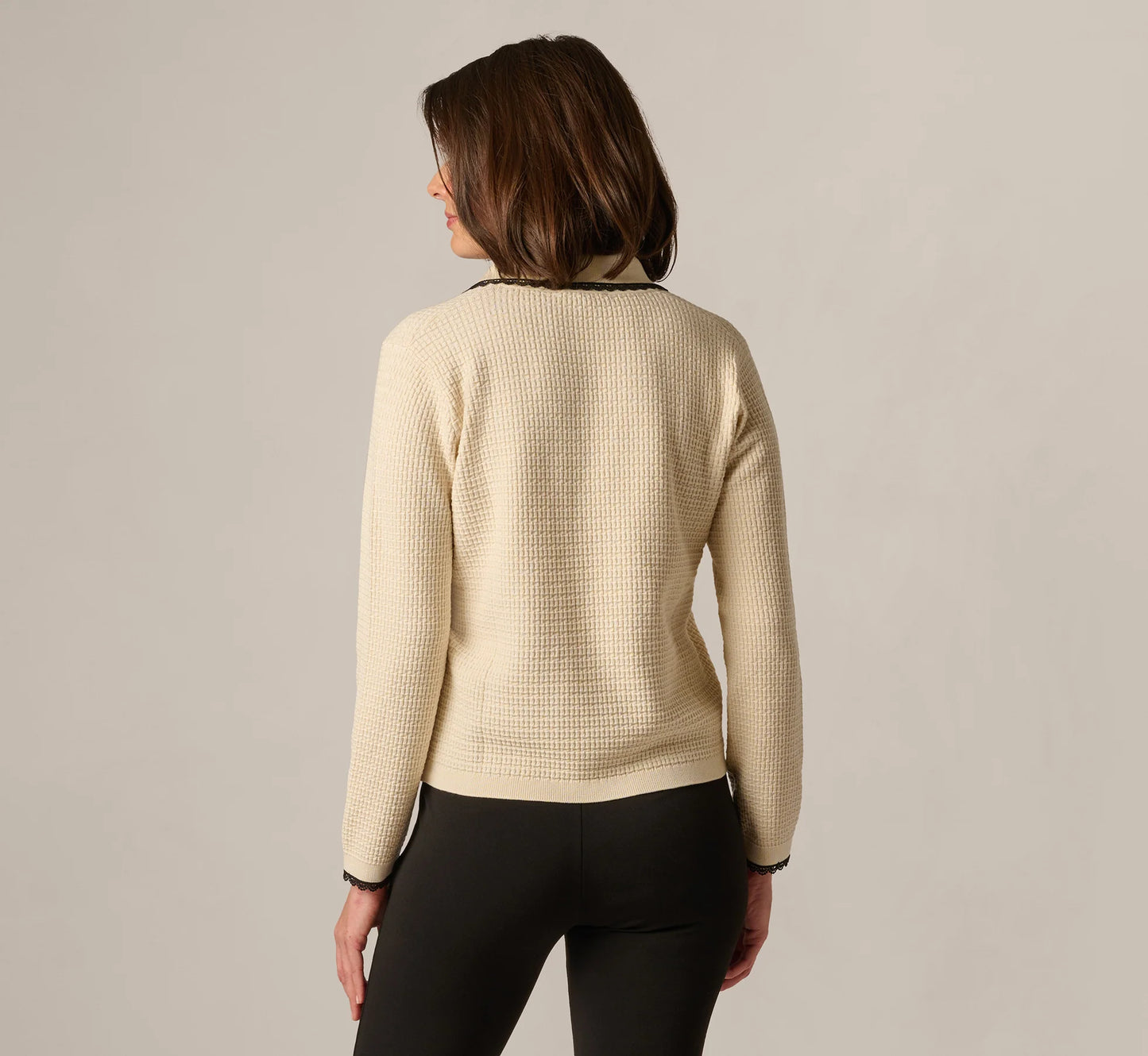 Waffle Weave Bow Collar Pullover Sweater In Cream Black