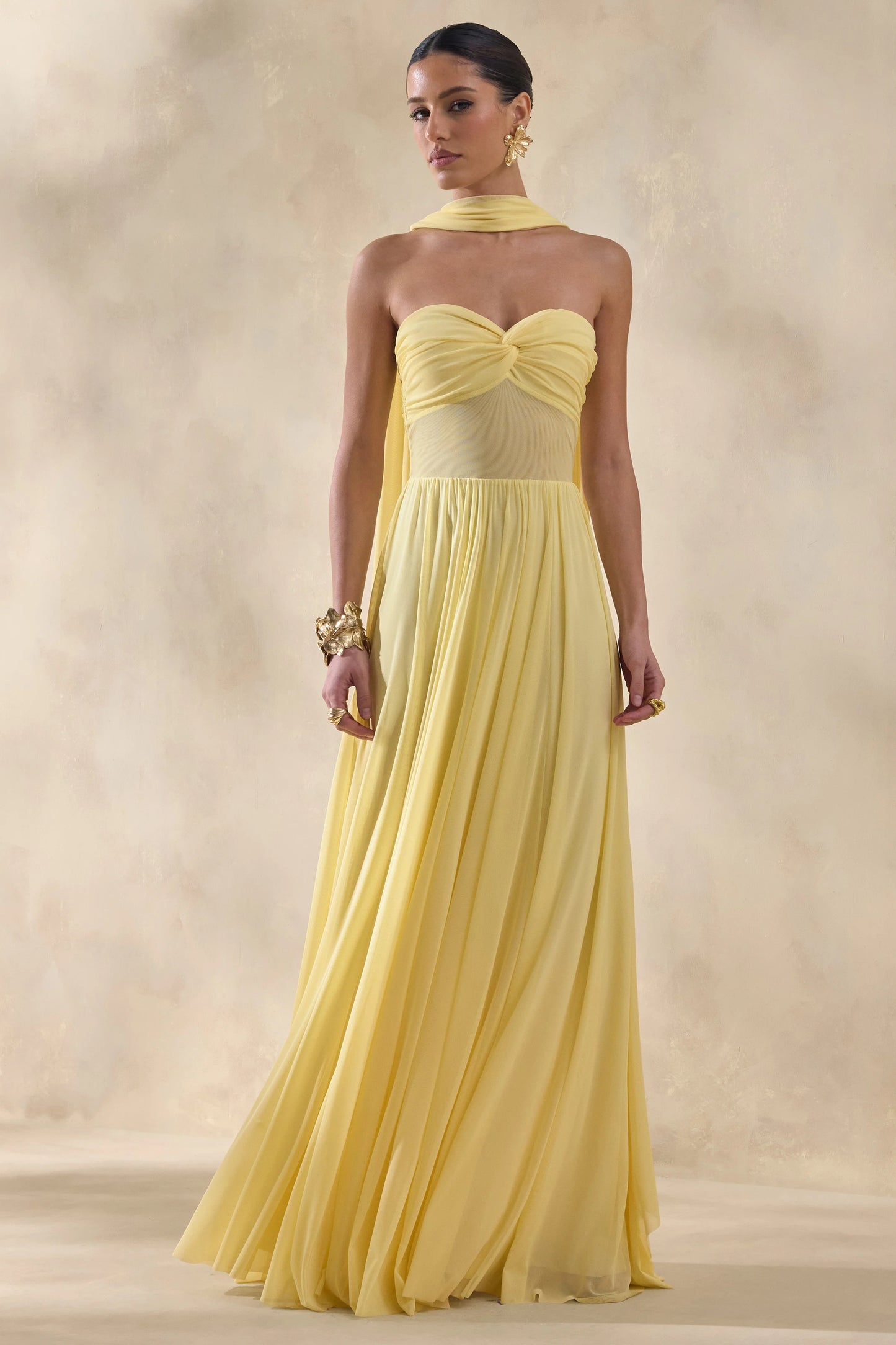Lyvoria Lemon Bandeau Maxi Dress With Mesh-Detail And Scarf