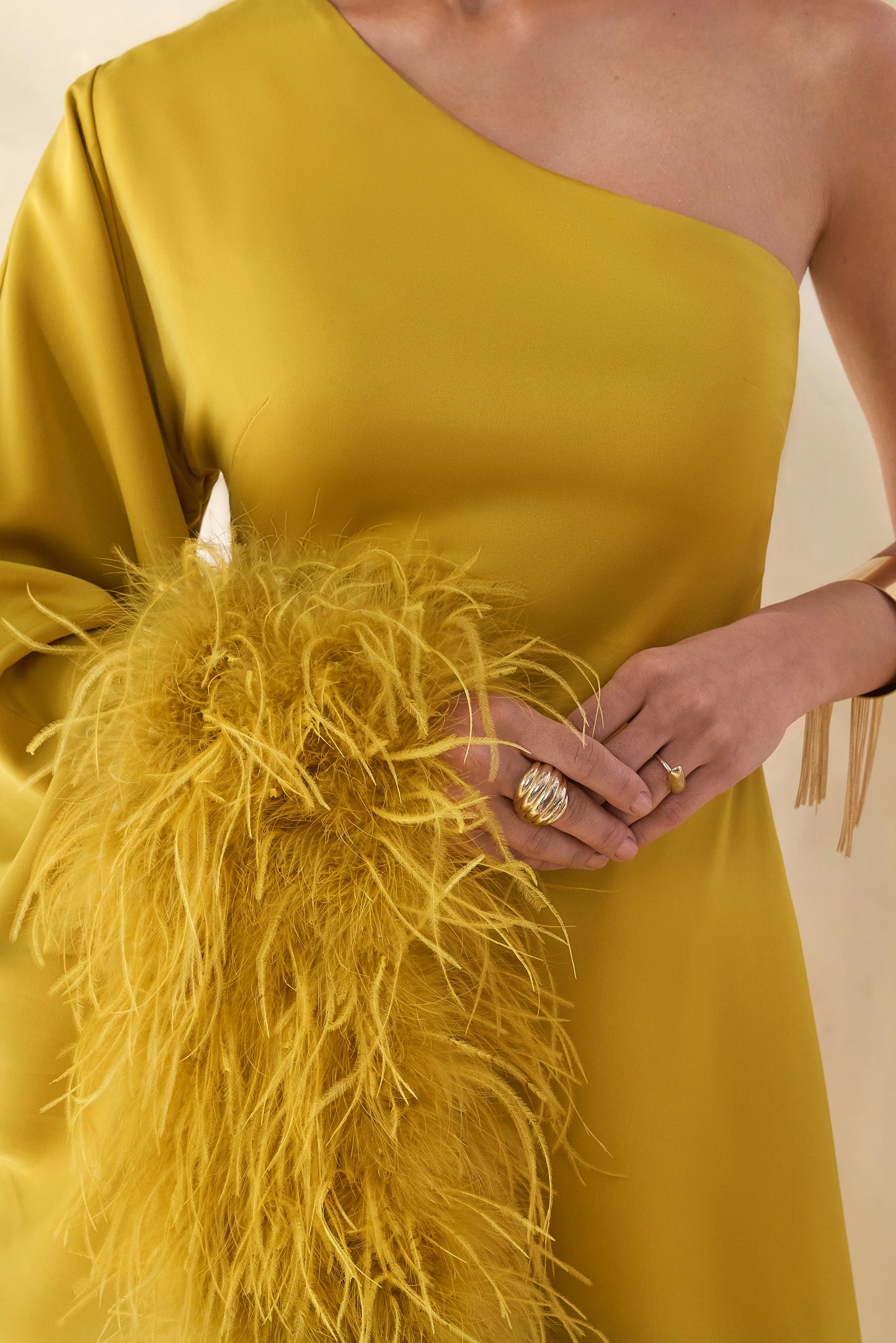 Destiny Yellow Satin Asymmetric-Neck Midi Dress With Feather Details
