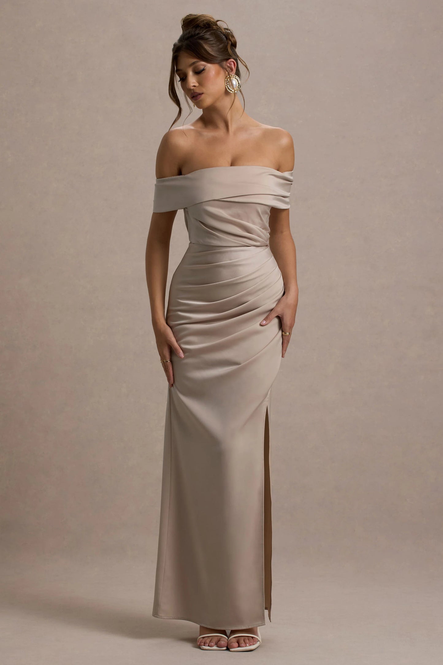 Martine Champagne Satin Bardot Wrap Maxi Dress