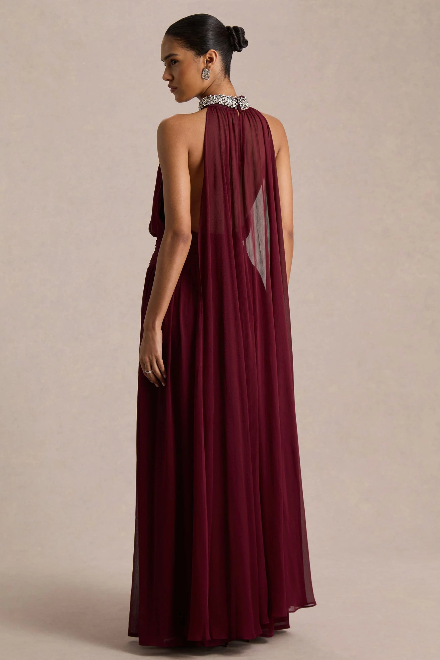 Marie Burgundy Halter-Neck Maxi Dress With Embellished Detailing