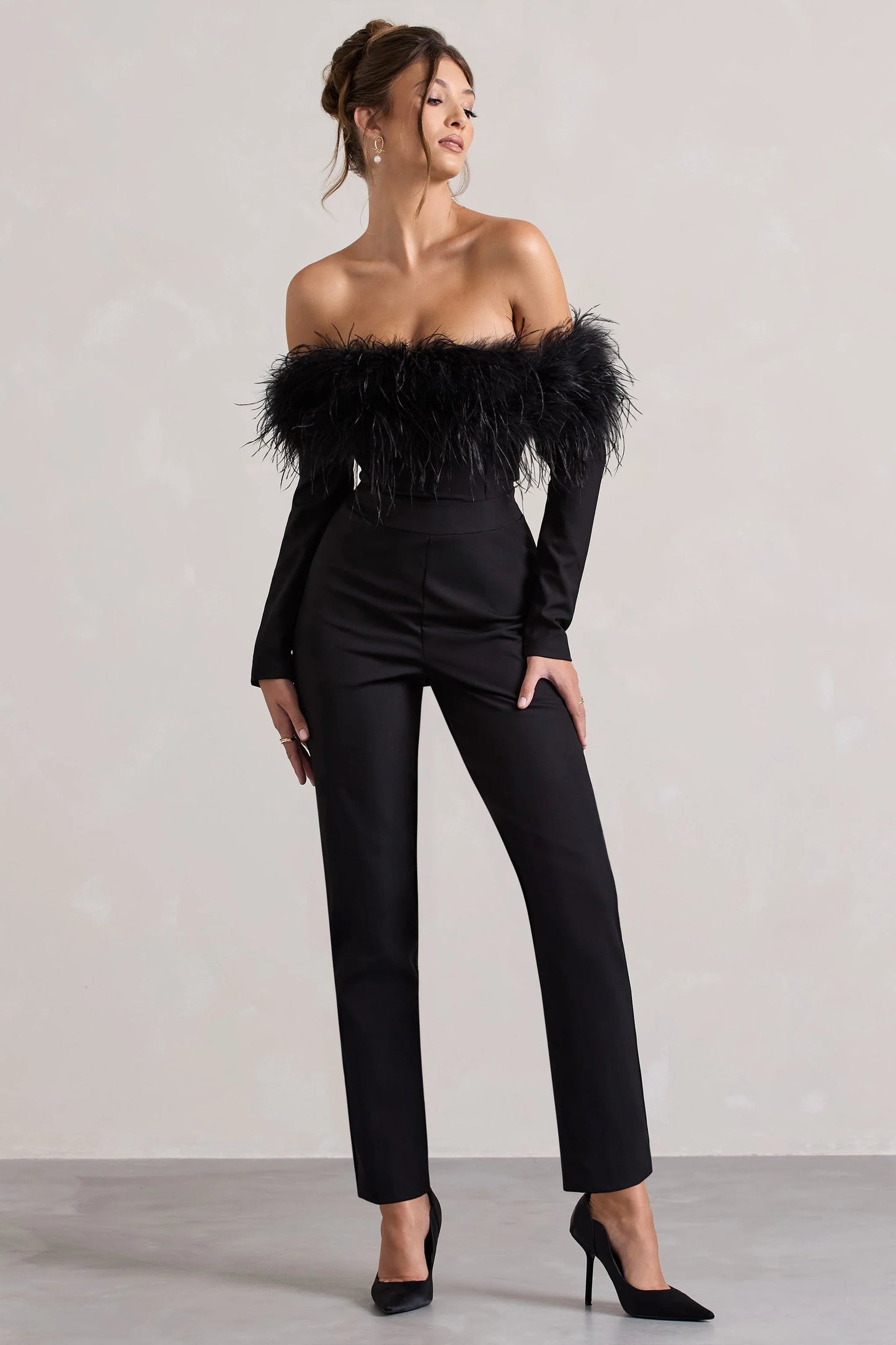 Ales Black Bardot Tailored Straight-Leg Jumpsuit With Feather Trim