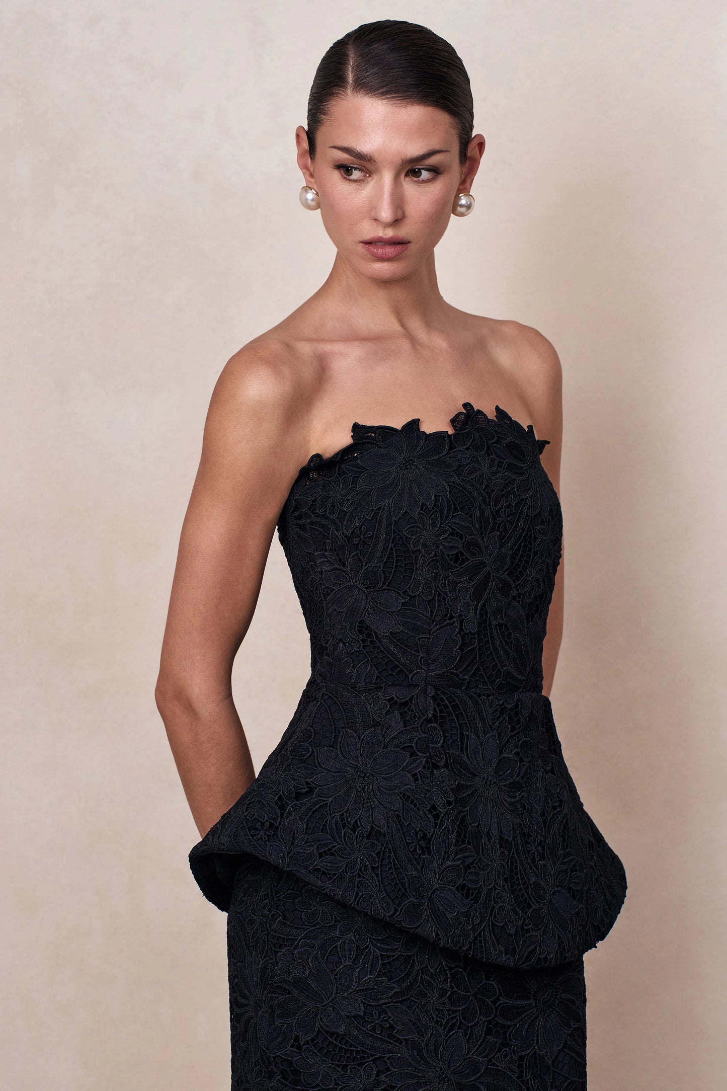 Delvine Black Lace Bandeau Corset Maxi Dress