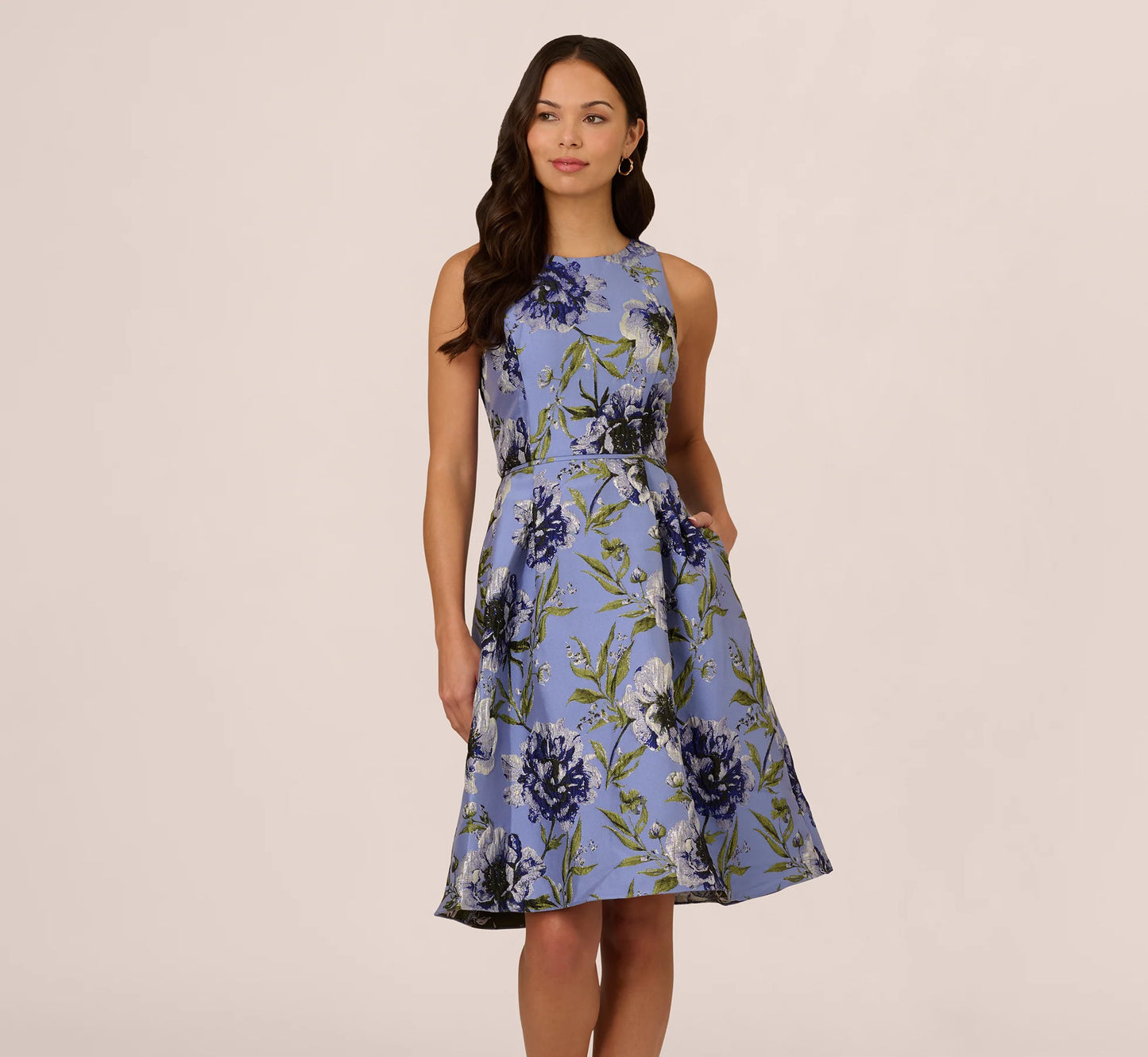 Sleeveless Jacquard Fit And Flare Midi Dress In Blue Multi