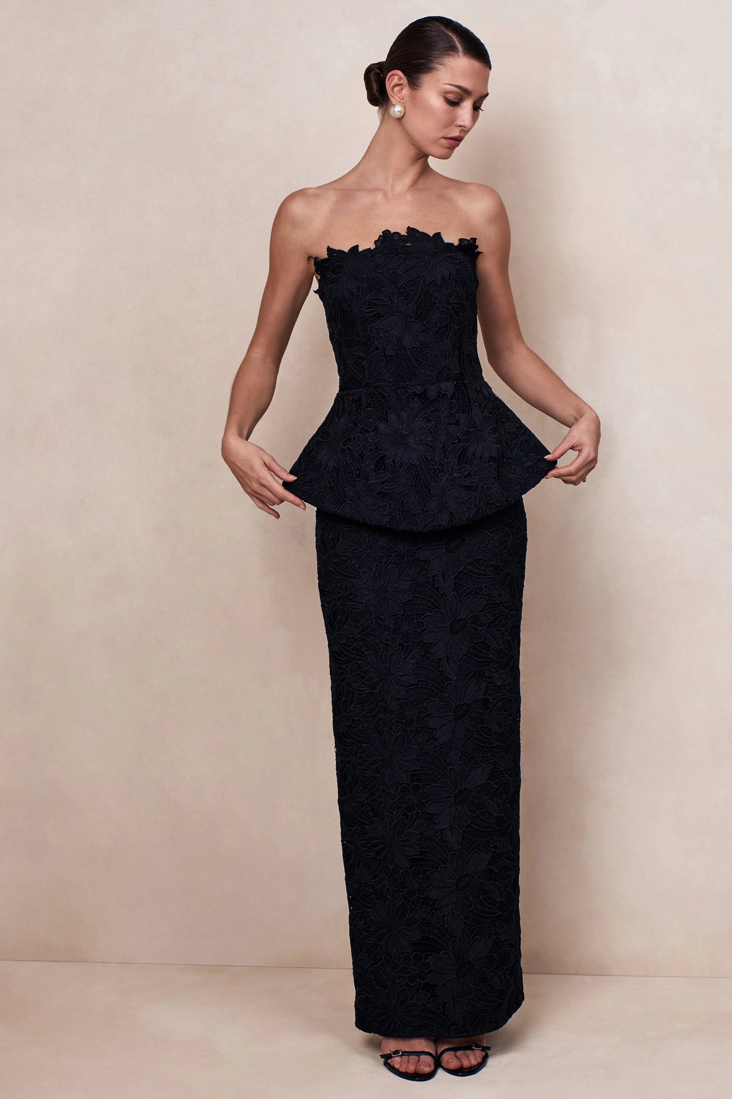 Delvine Black Lace Bandeau Corset Maxi Dress