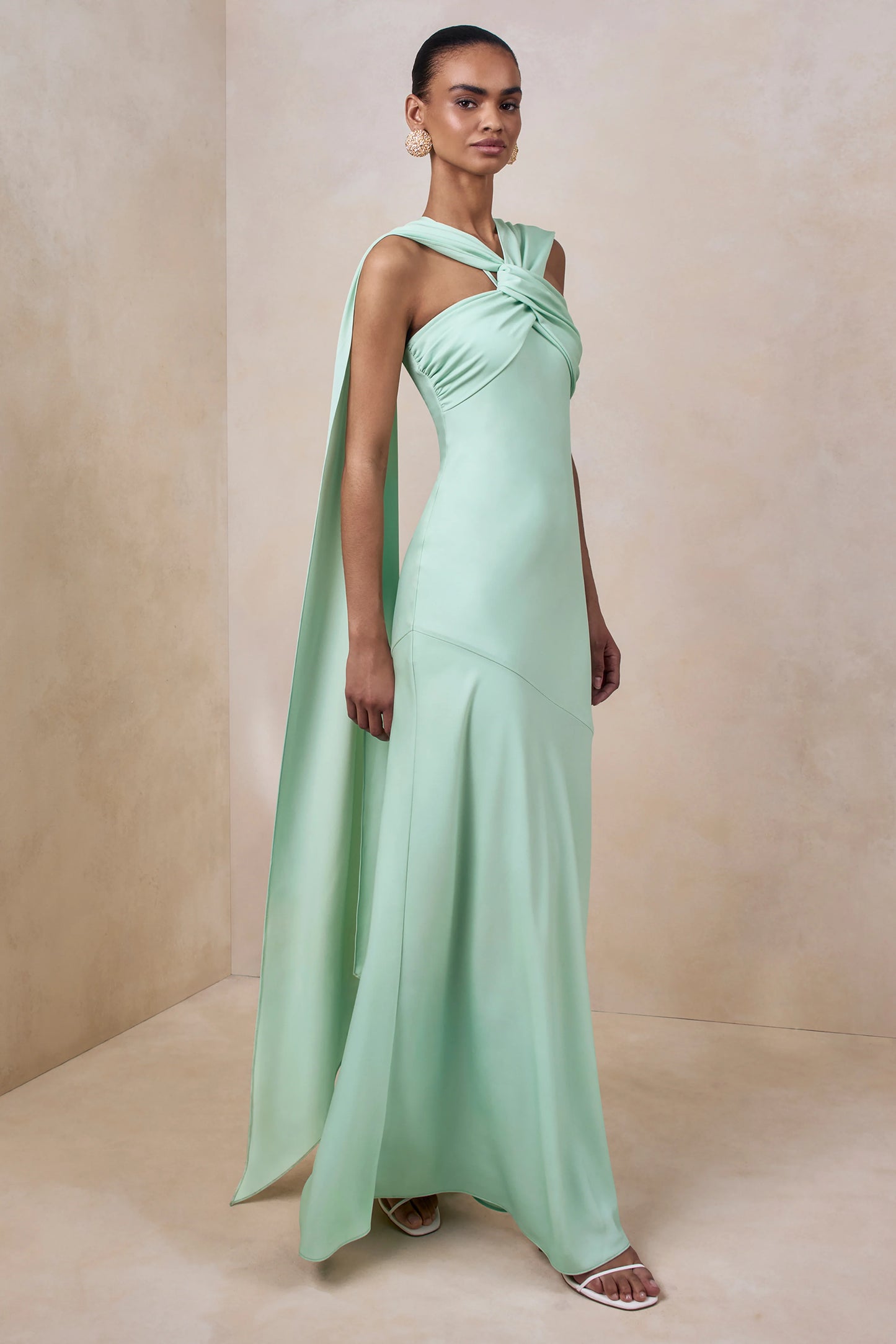 Sloane Mint Matte Satin Halter-Neck Maxi Dress With Cape