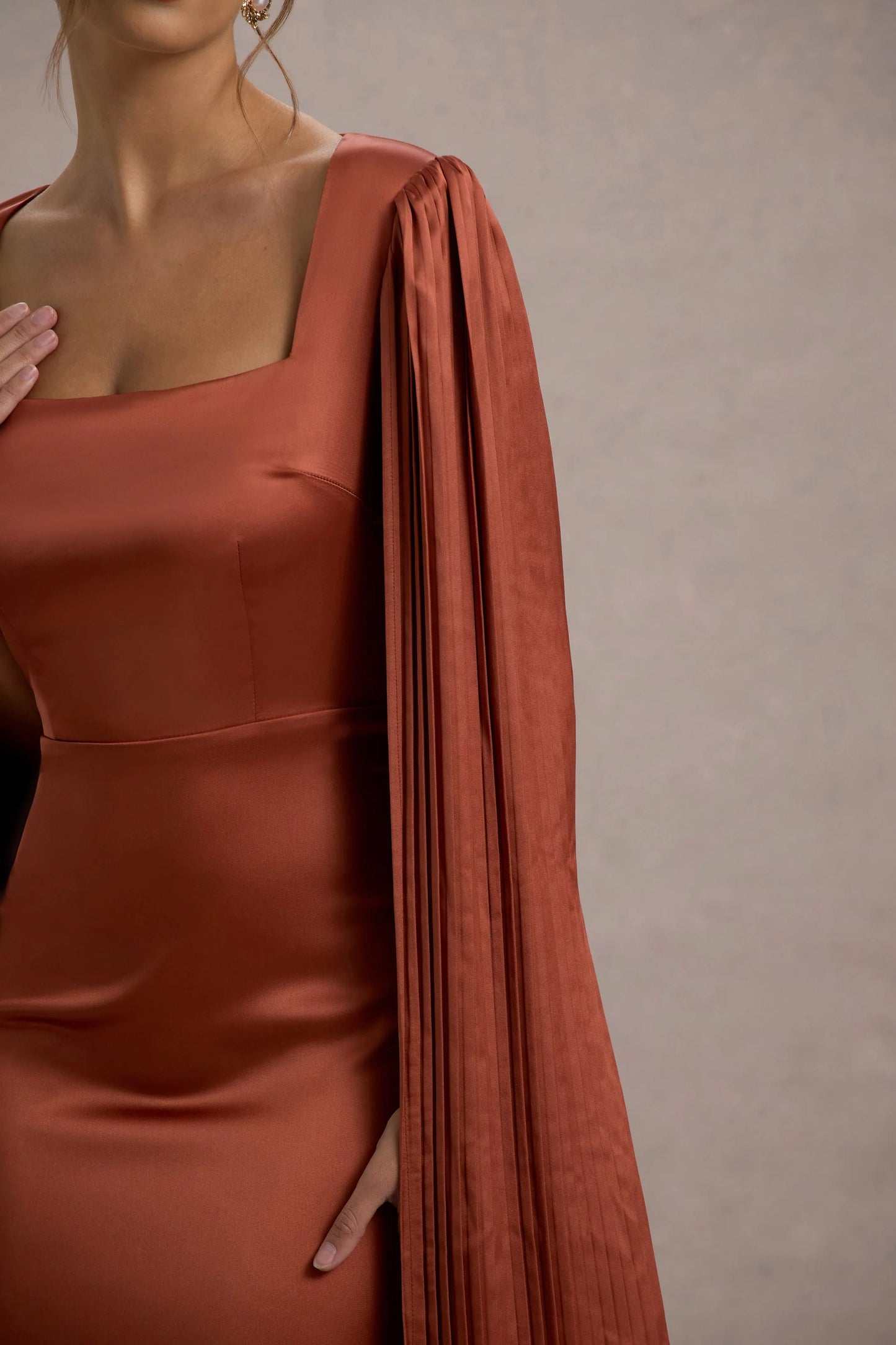 Saloma Rust Satin Square-Neck Maxi Dress With Cape Sleeves