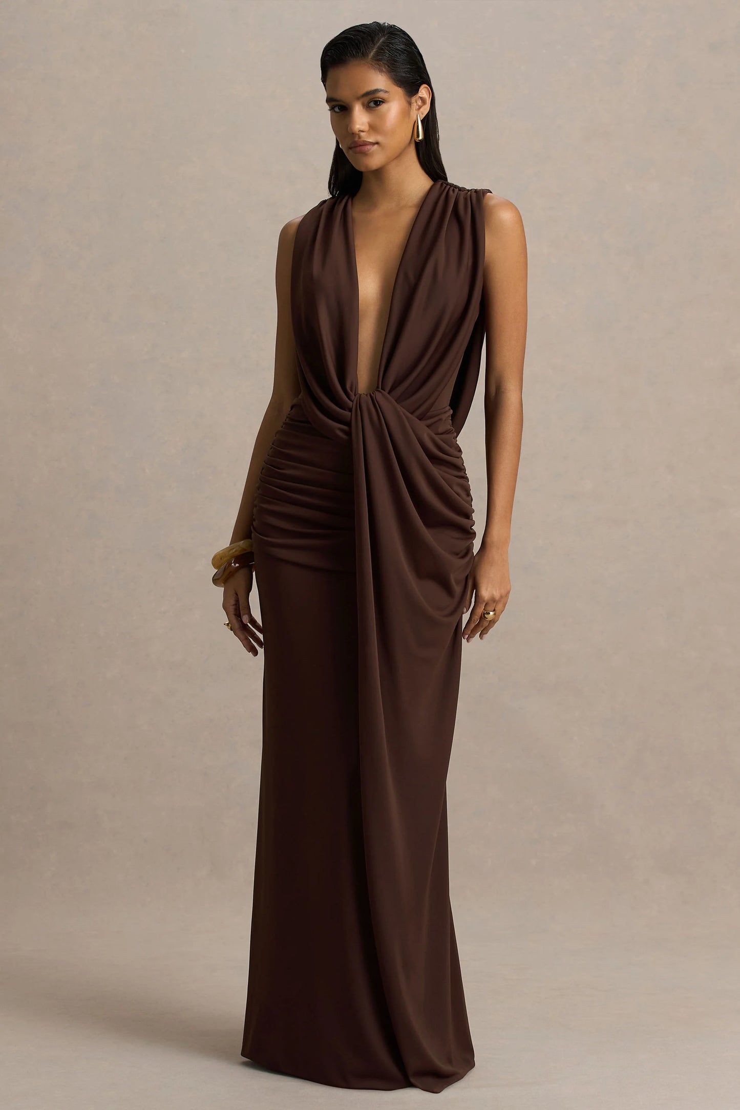 Serafina Chocolate Extreme-Plunge Neck Maxi Dress With Wrap And Ruched Details