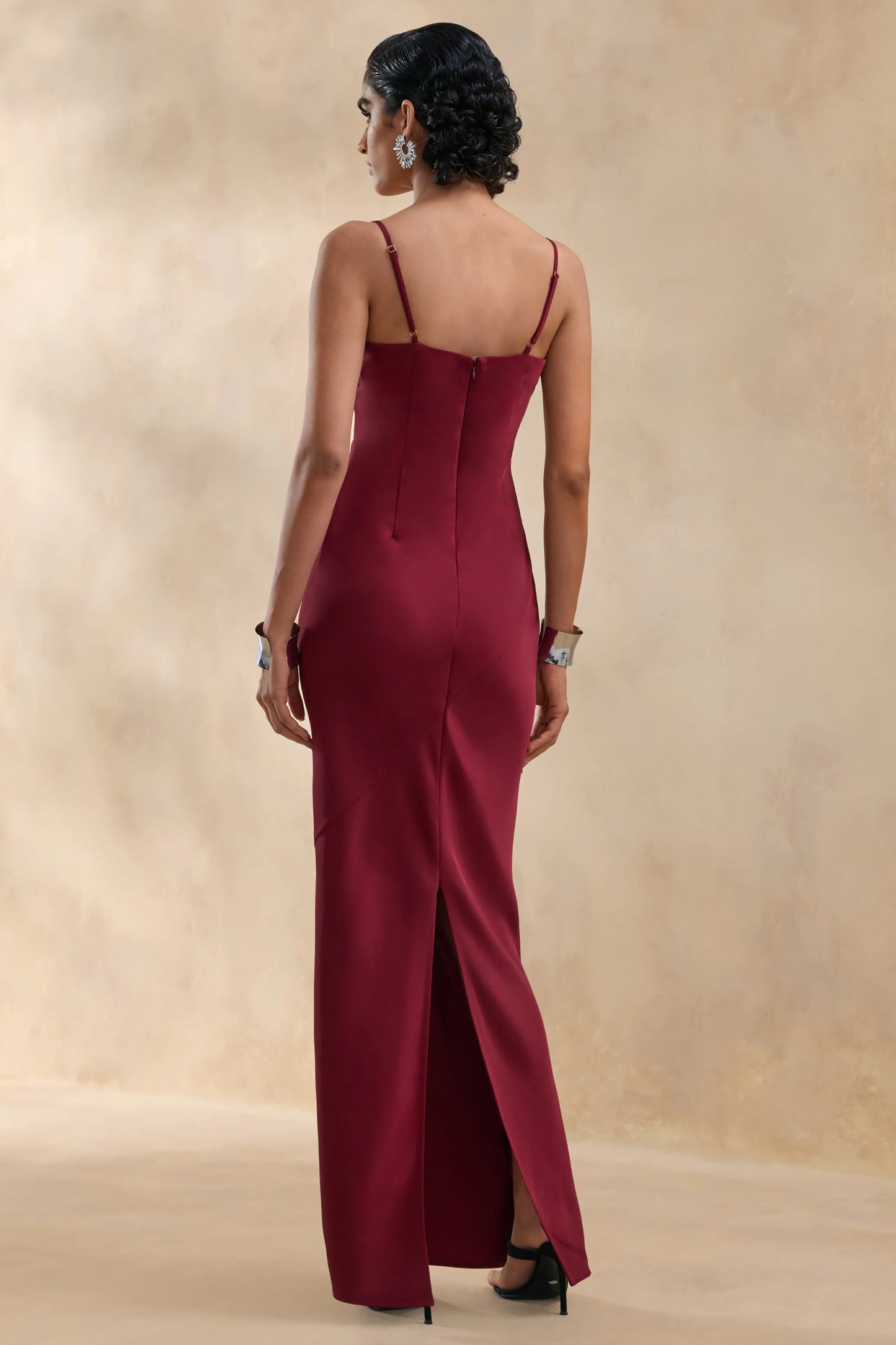 Yoli Burgundy Satin Maxi Dress With Removable Twist-Cape