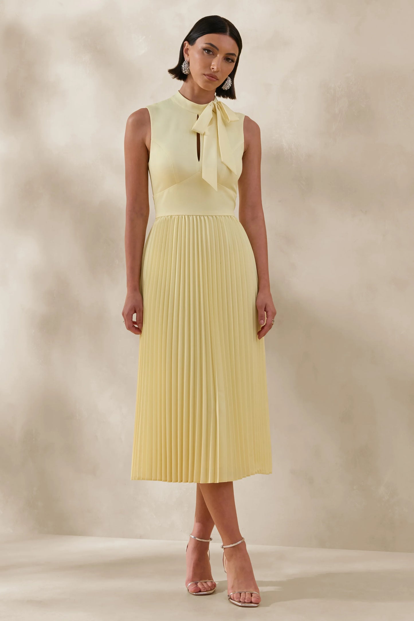 Avalon Lemon Midi Dress With Pleated Skirt And Bow-Detail