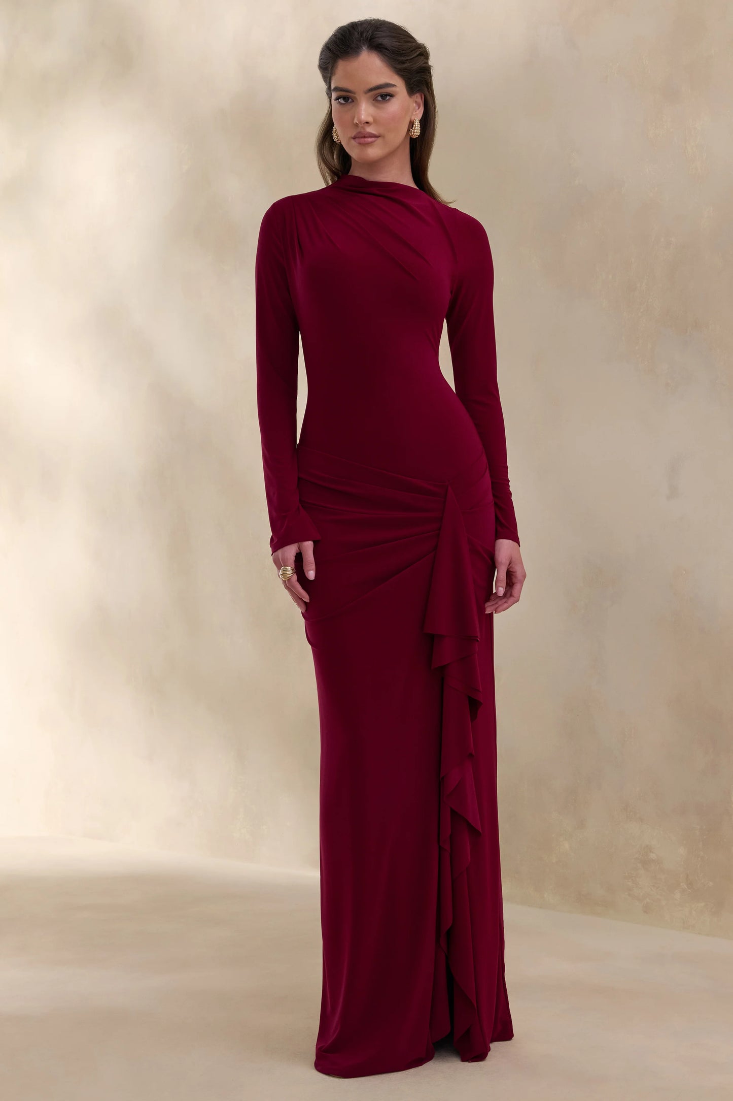 Karessa Berry High-Neck Maxi Dress With Gathered Detailing And Front-High Split