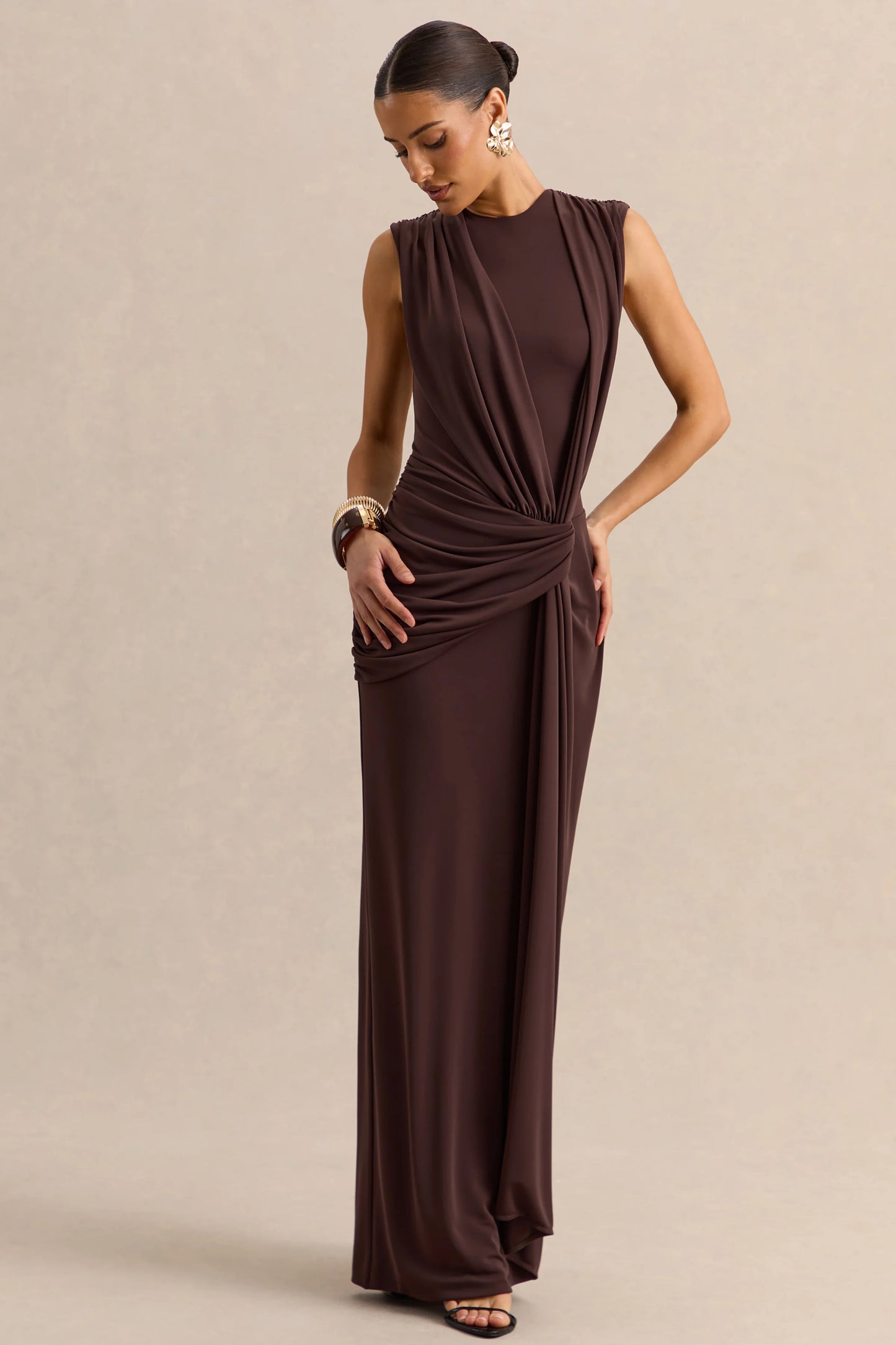 Blythia Brown Round-Neck Maxi Dress With Gathered-Detailing