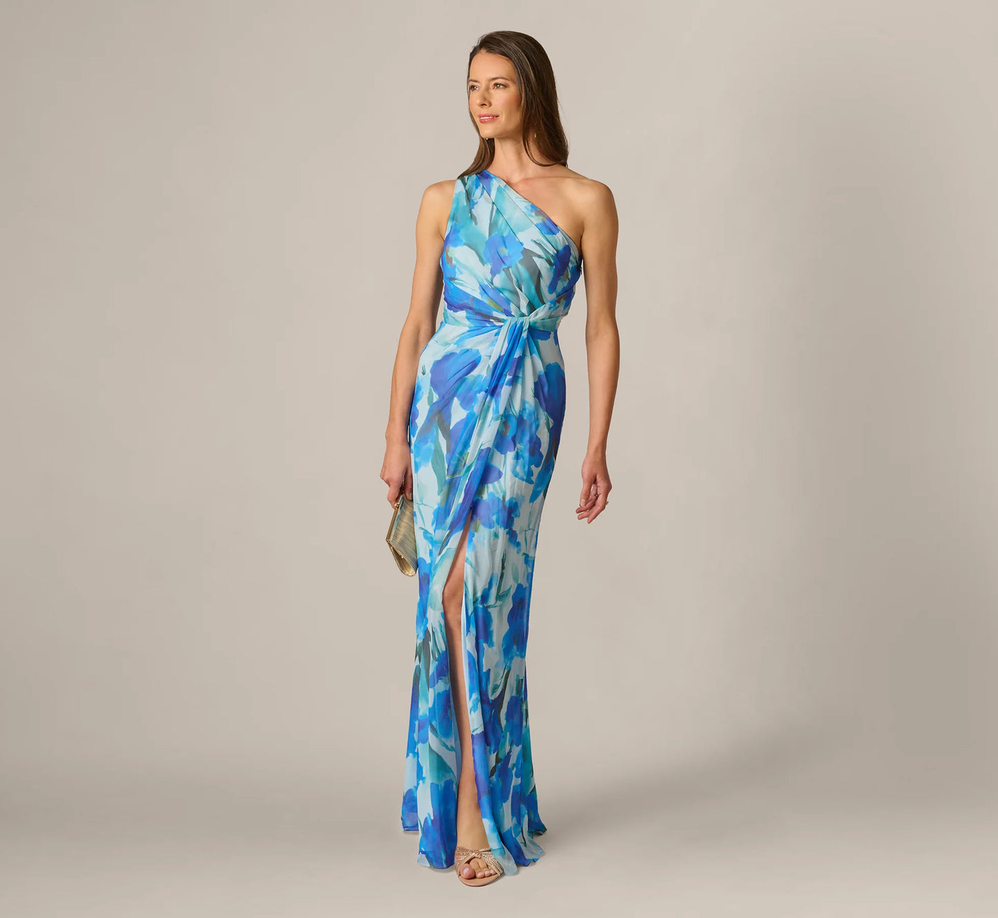 One Shoulder Floral Chiffon Draped Gown In Blue Multi