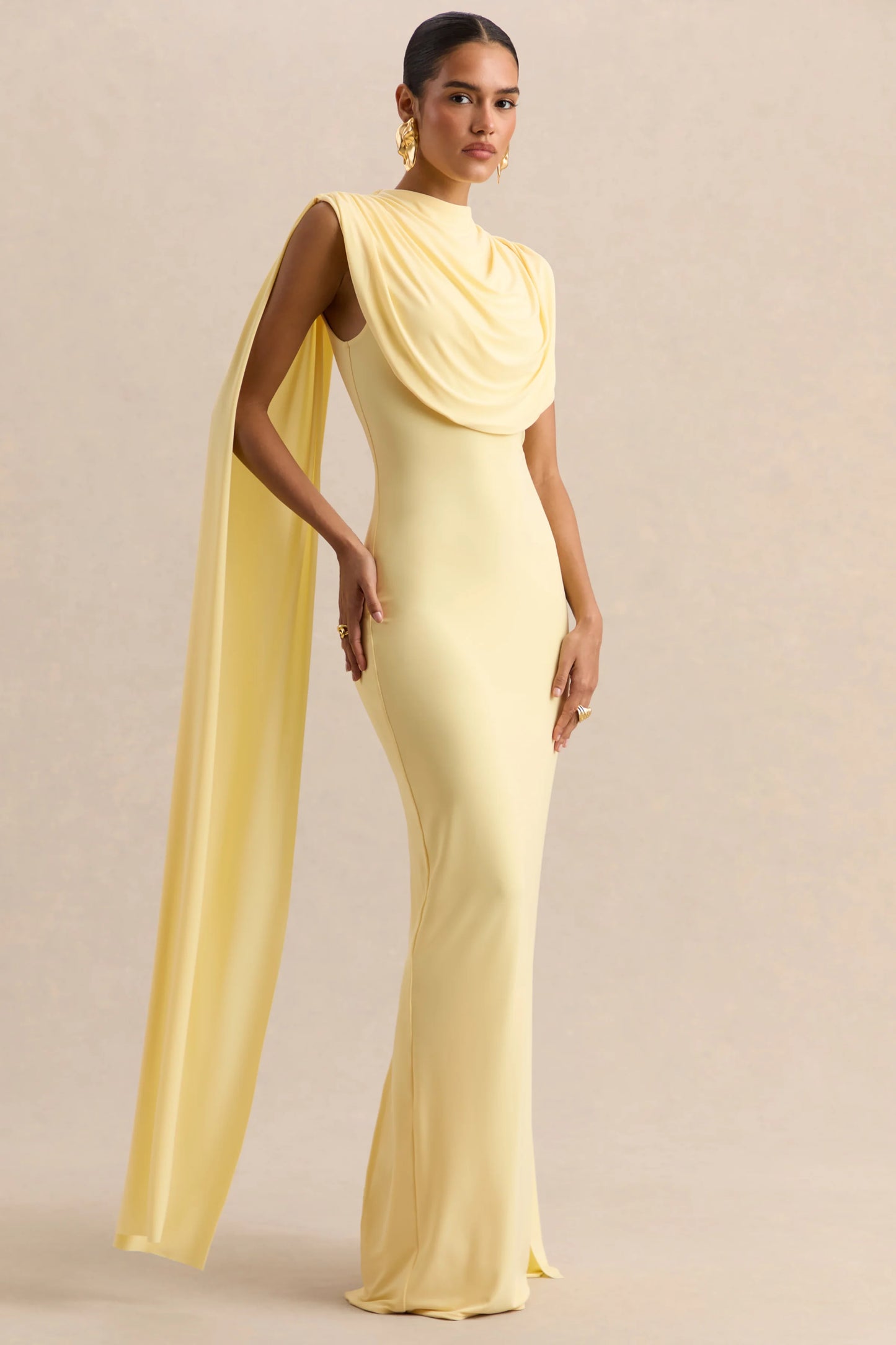Patrina Lemon High-Neck Maxi Dress With Draped-Detailing And Cape-Sleeves