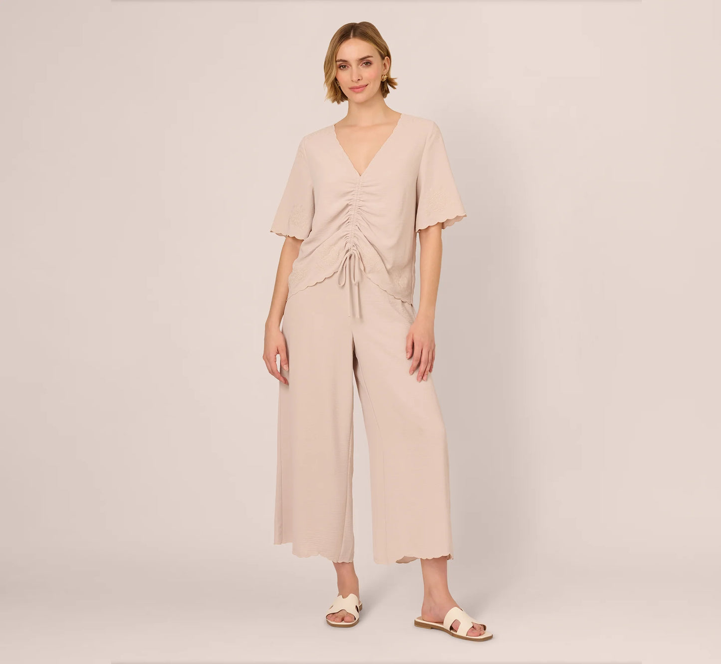 Embroidered Airflow Top And Wide Leg Pant Set In Pebble